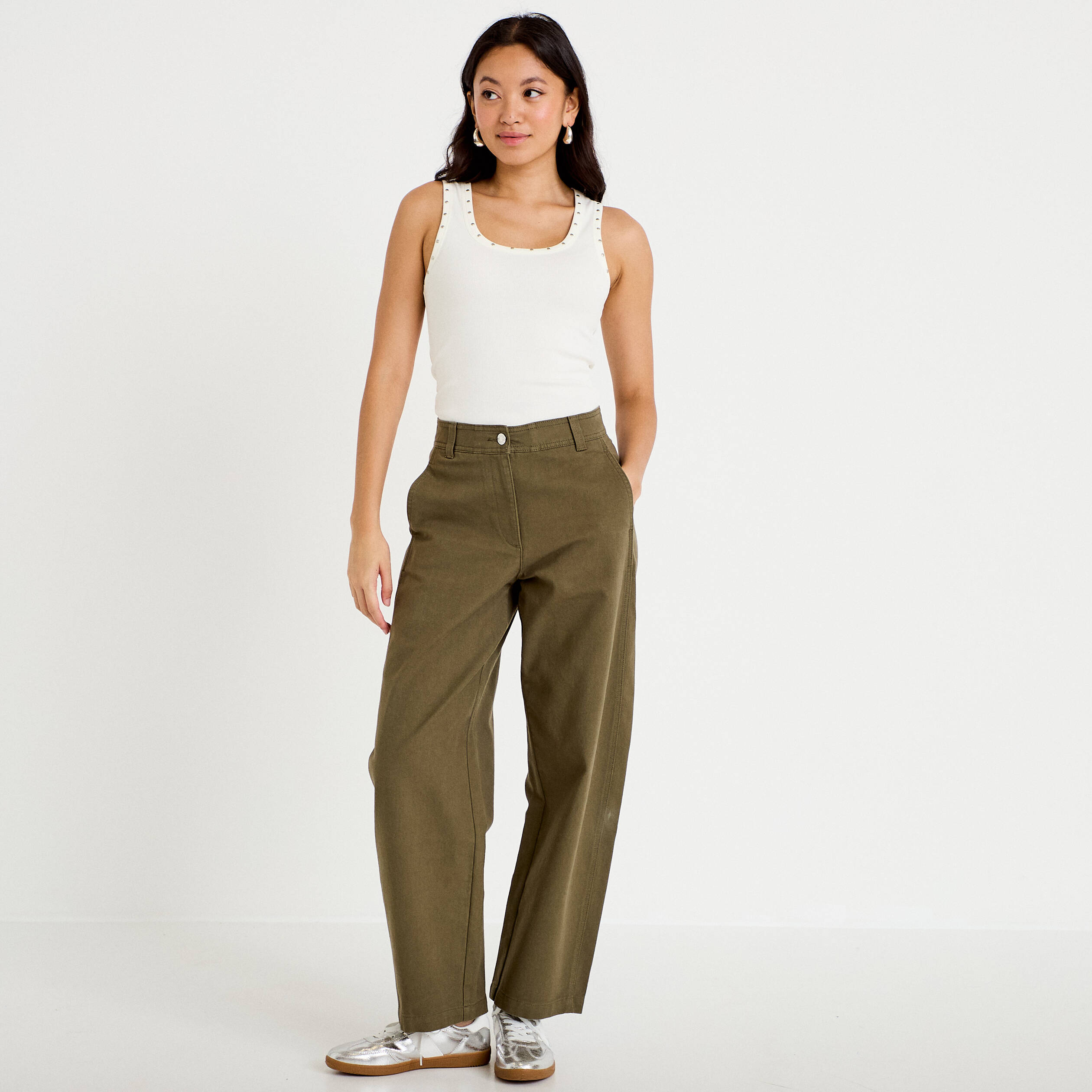 Pantalon chino coupe barrel vert kaki femme