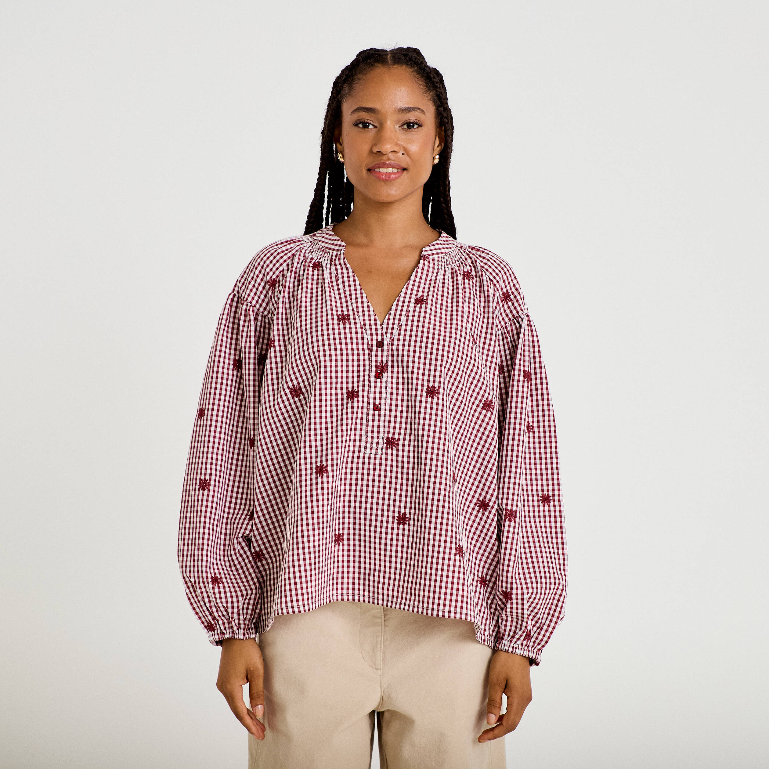 Blouse vichy brod&eacute;e rouge femme