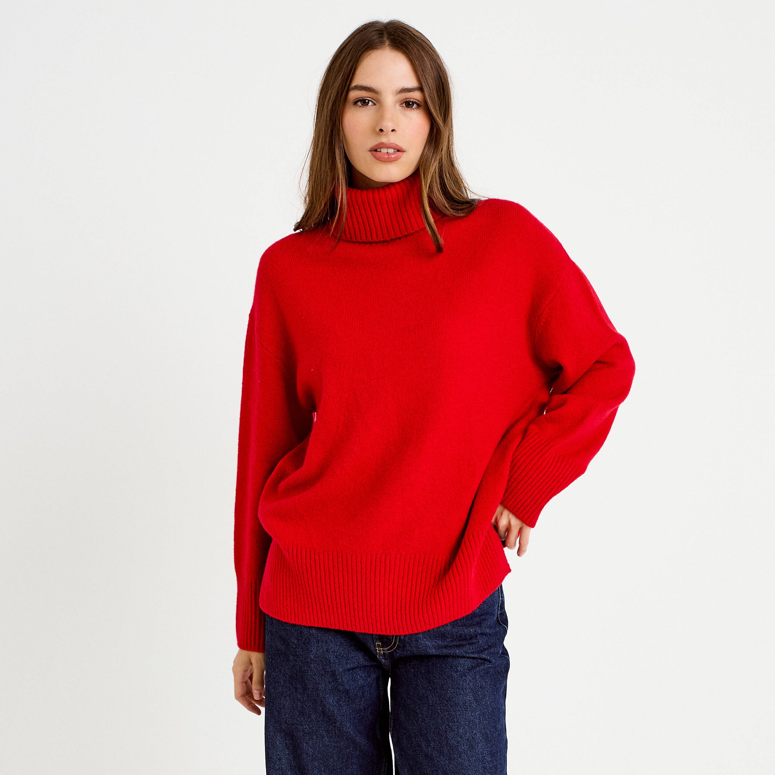 Pull col roul&eacute; manches longues rouge femme
