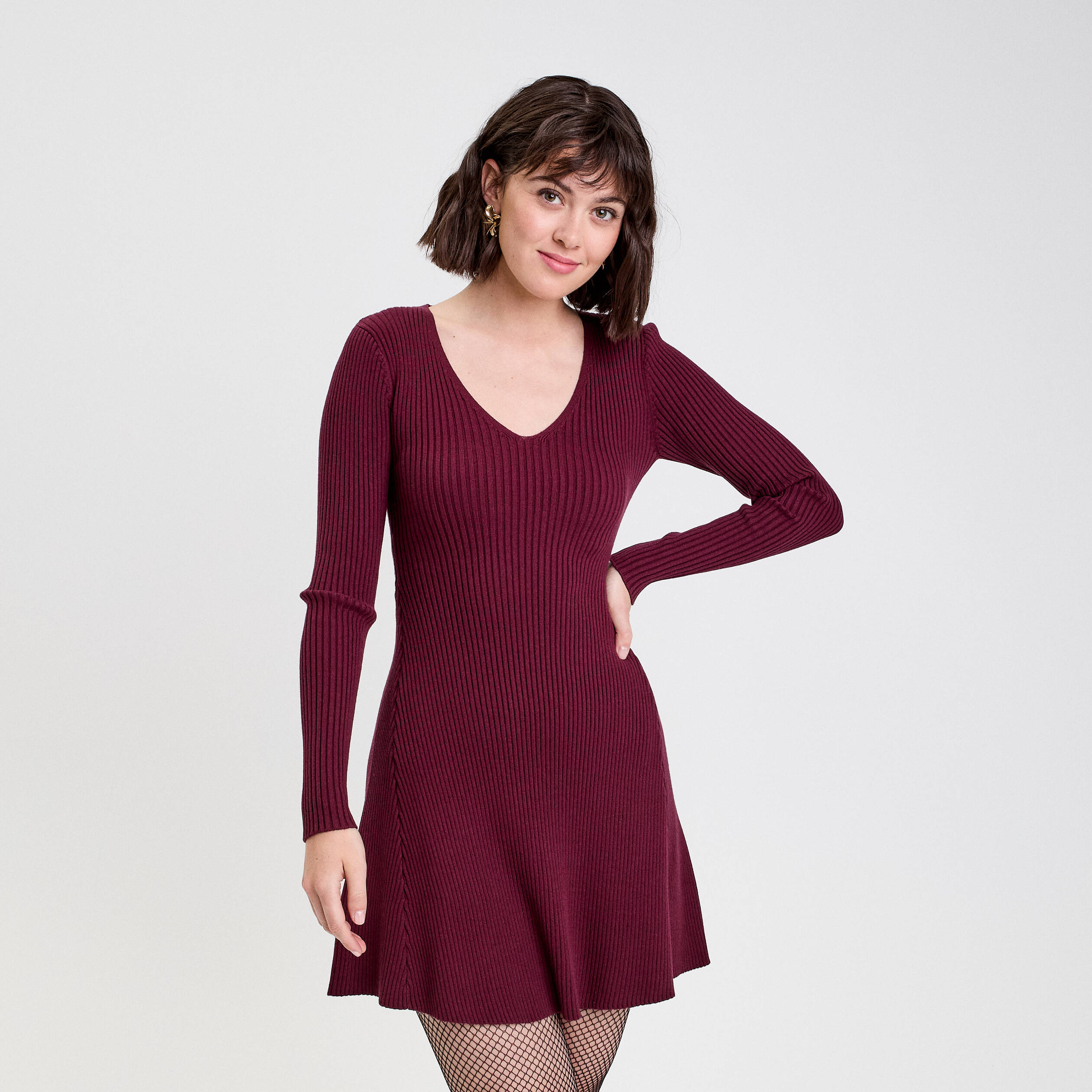 Robe tricot patineuse c&ocirc;tel&eacute;e bordeaux femme