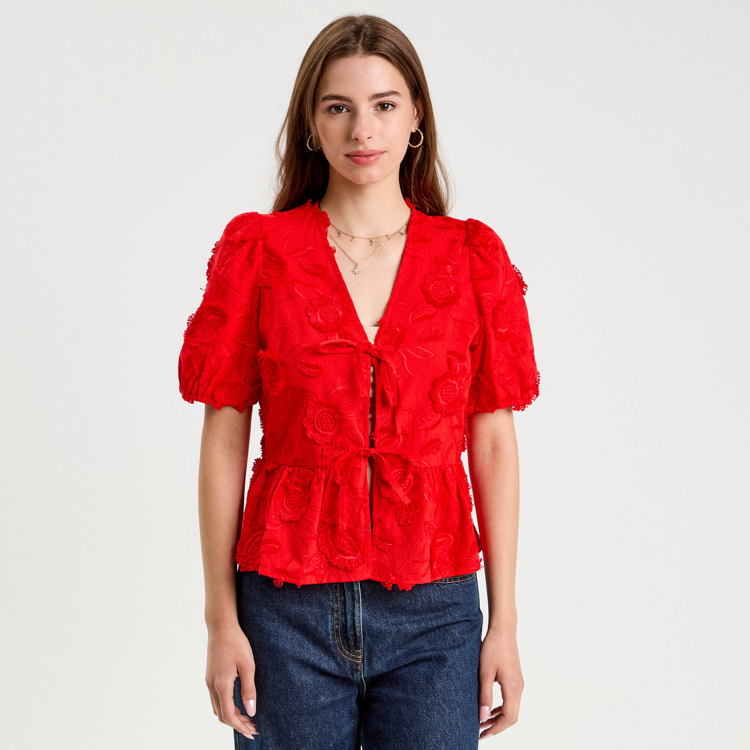 blouse manches courtes noeuds rouge fluo femme Blouse manches courtes noeuds rouge fluo femme
