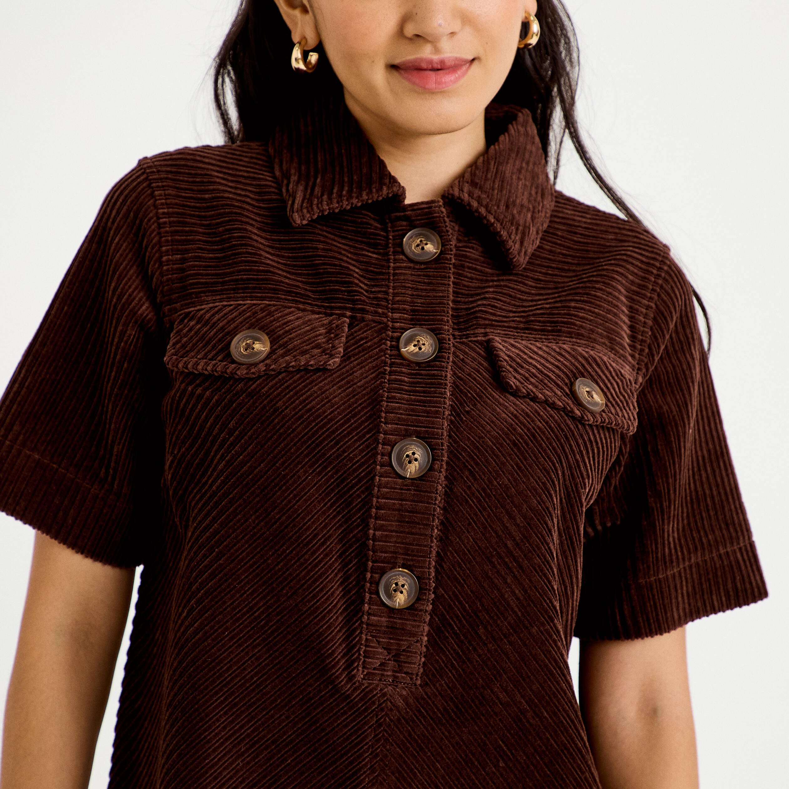 Robe courte droite en velours coton marron fonc&eacute; femme