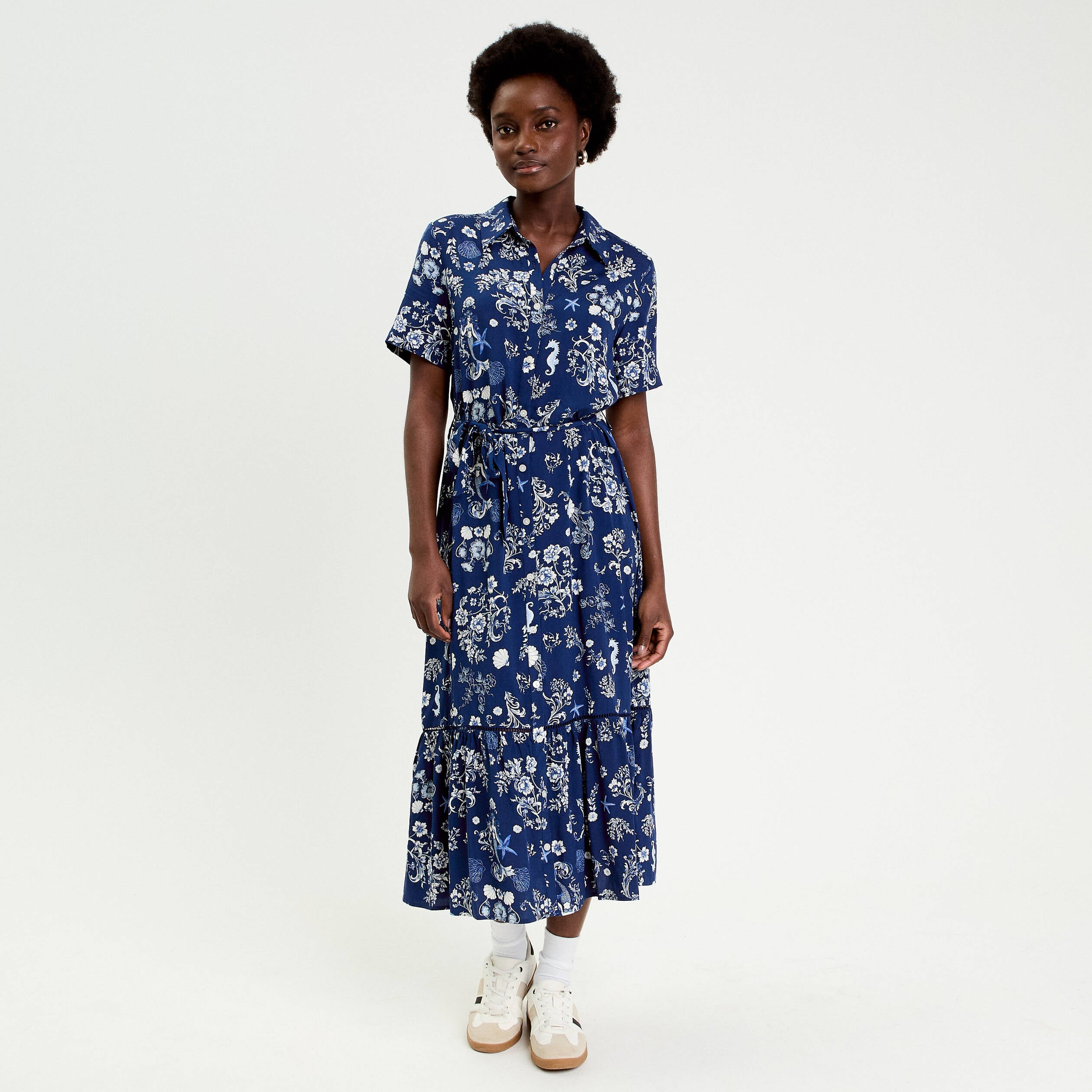 Robe longue col chemise bleu marine femme