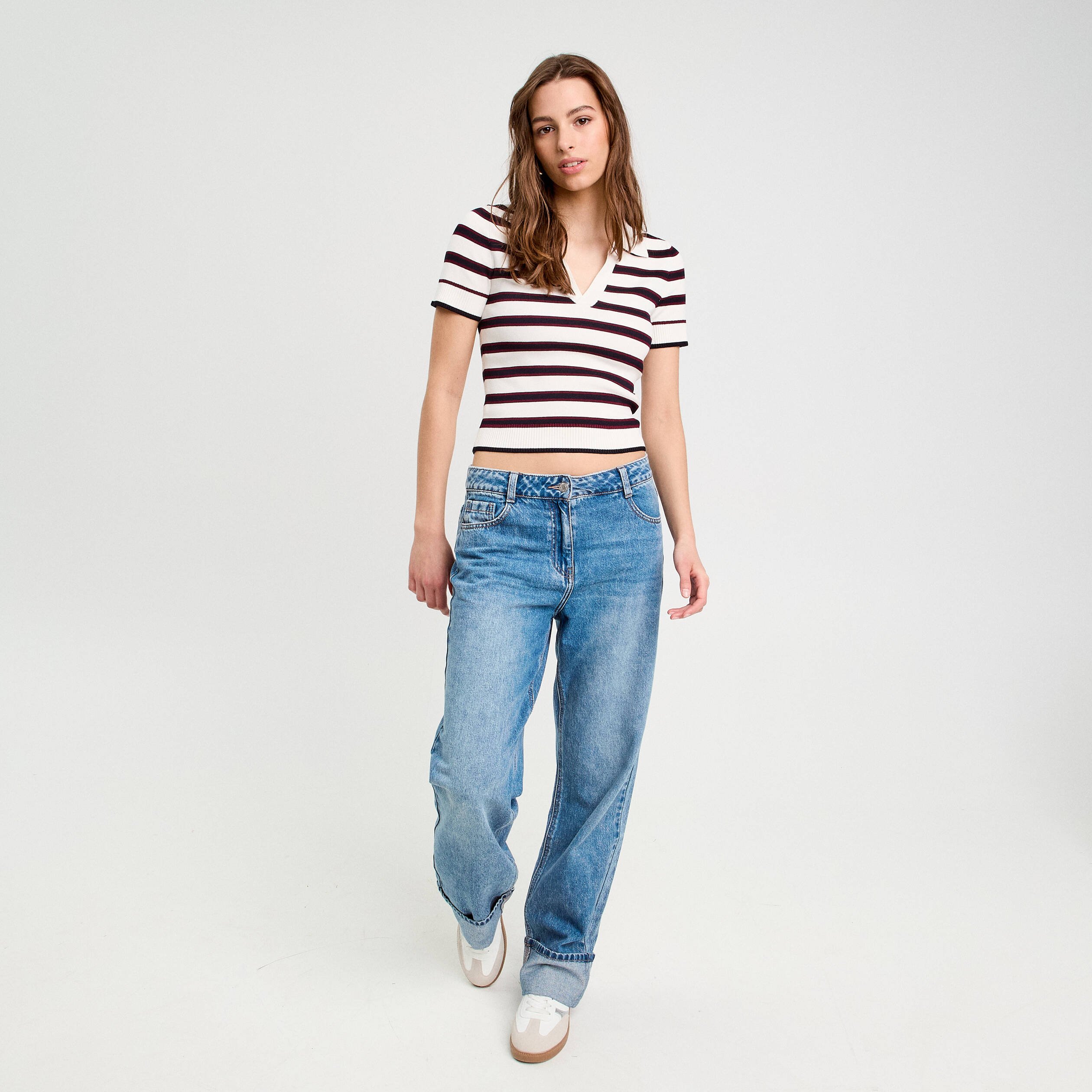 Pull manches courtes col polo blanc femme