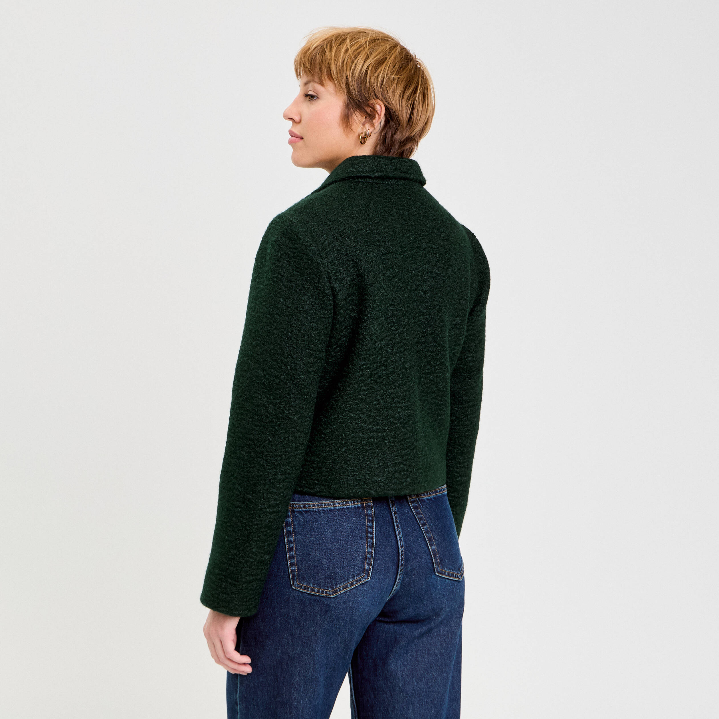 Veste bouclette boutonn&eacute;e vert fonc&eacute; femme