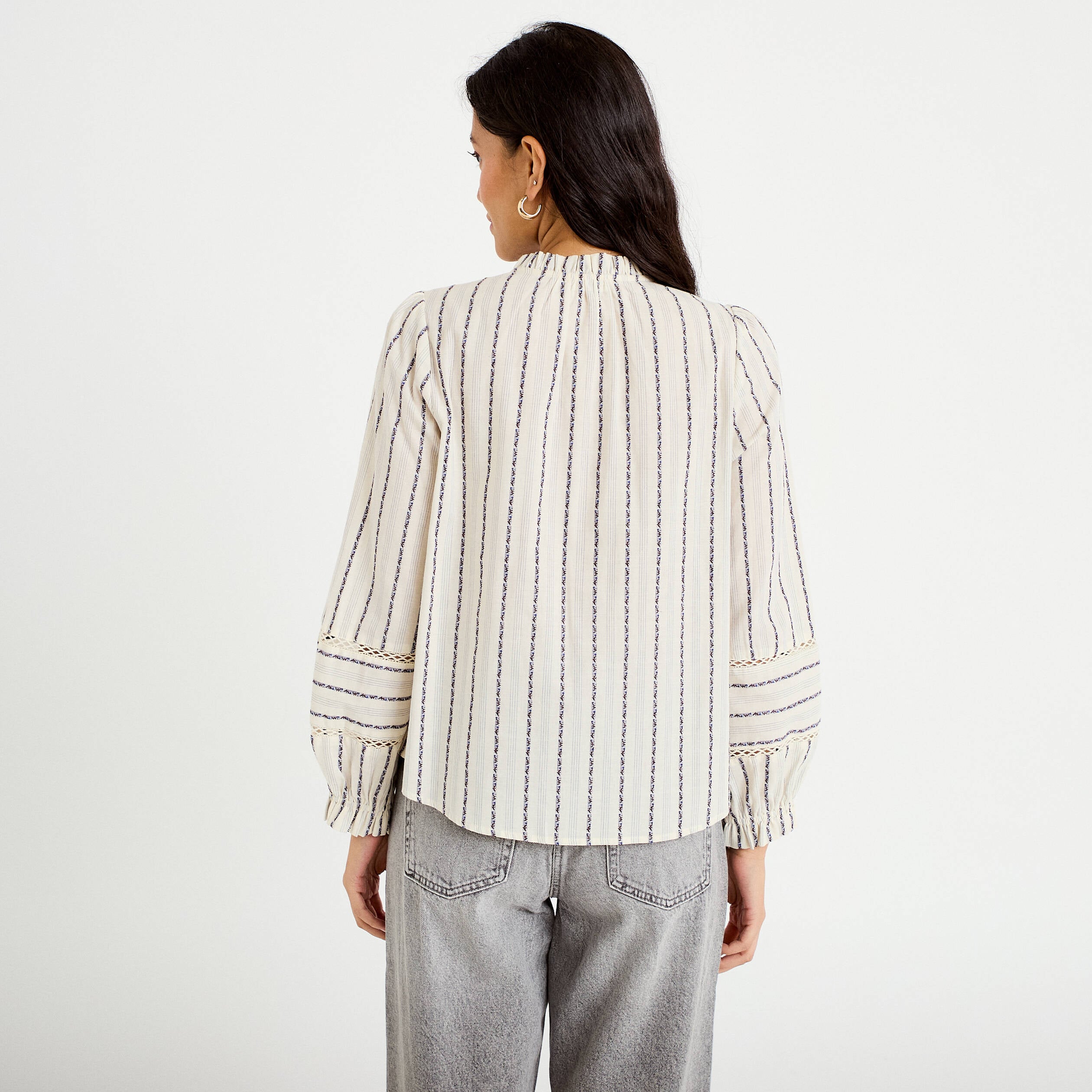 Blouse ajour&eacute;e manches longues blanc femme