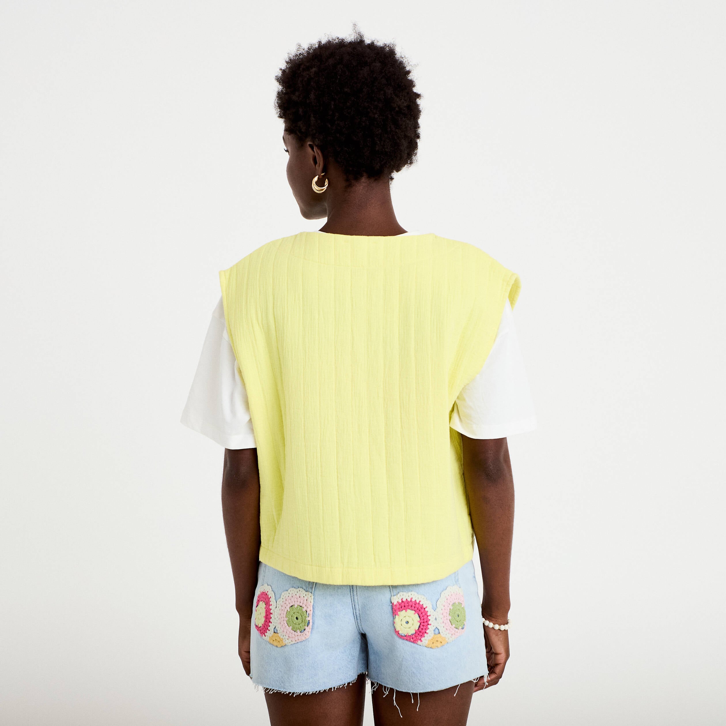 Gilet barman ample cropped pliss&eacute; jaune citron femme