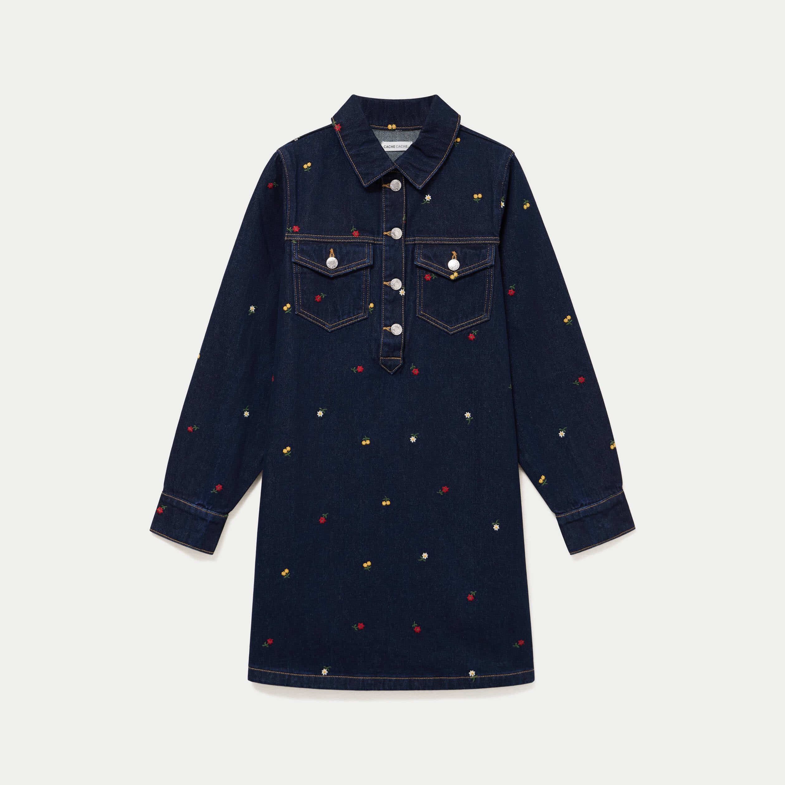 Robe courte droite en jean brod&eacute;e bleu marine femme