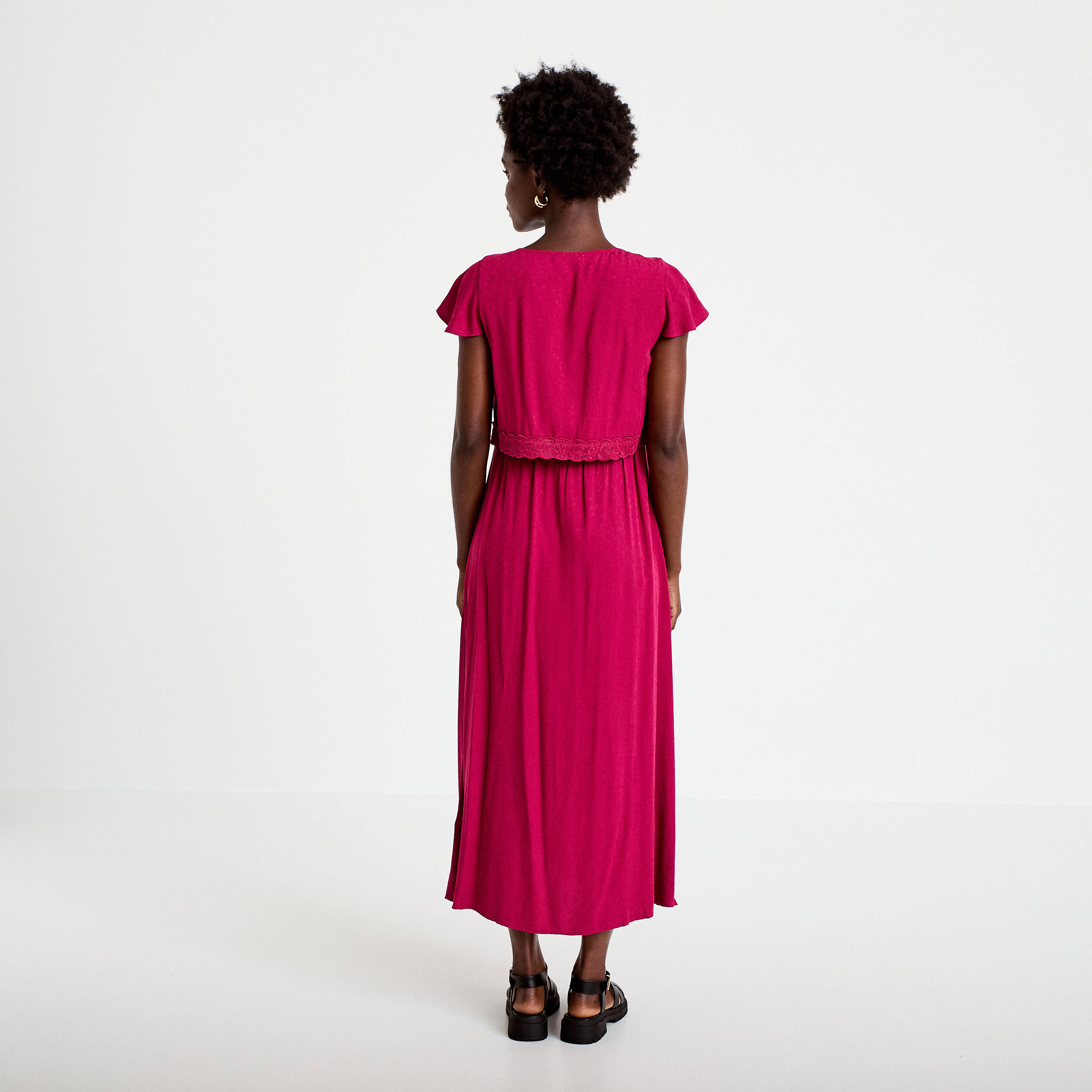 Robe longue droite col v manches courtes rouge femme