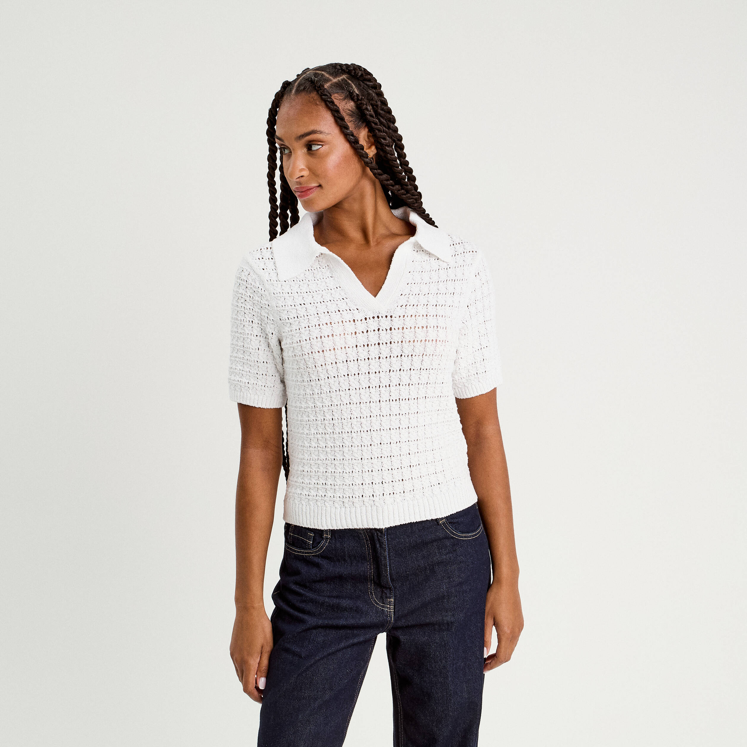 polo manches courtes ajoure blanc femme Polo manches courtes ajouré blanc femme