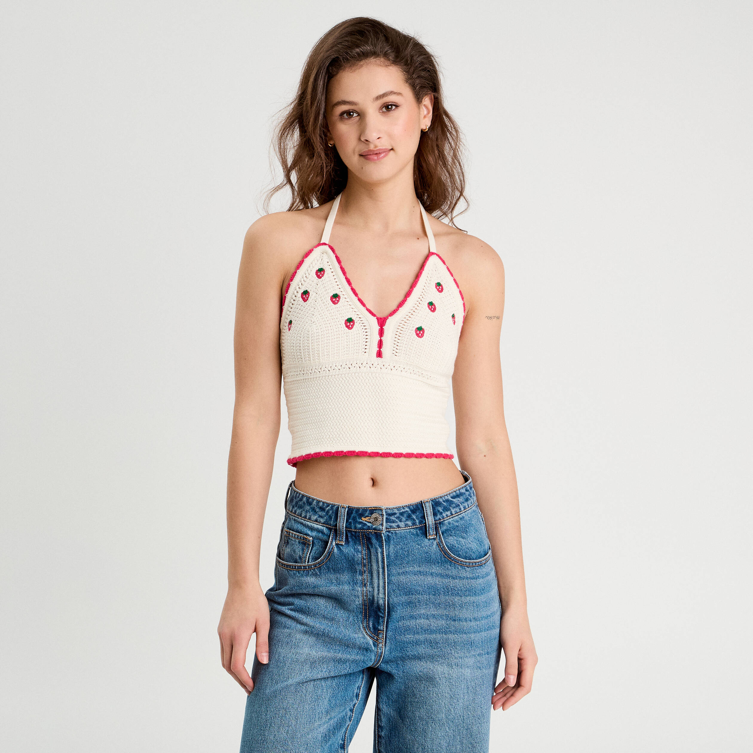 Crop top tricot brod&eacute; ecru femme