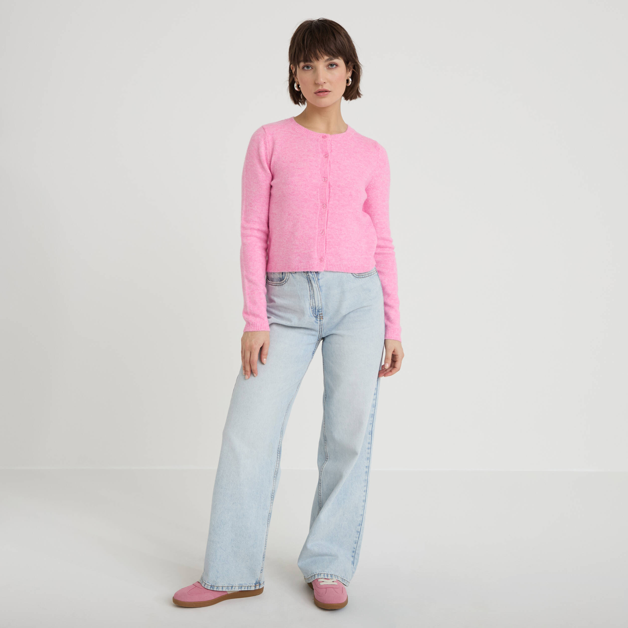 Gilet boutonn&eacute; manches longues rose femme
