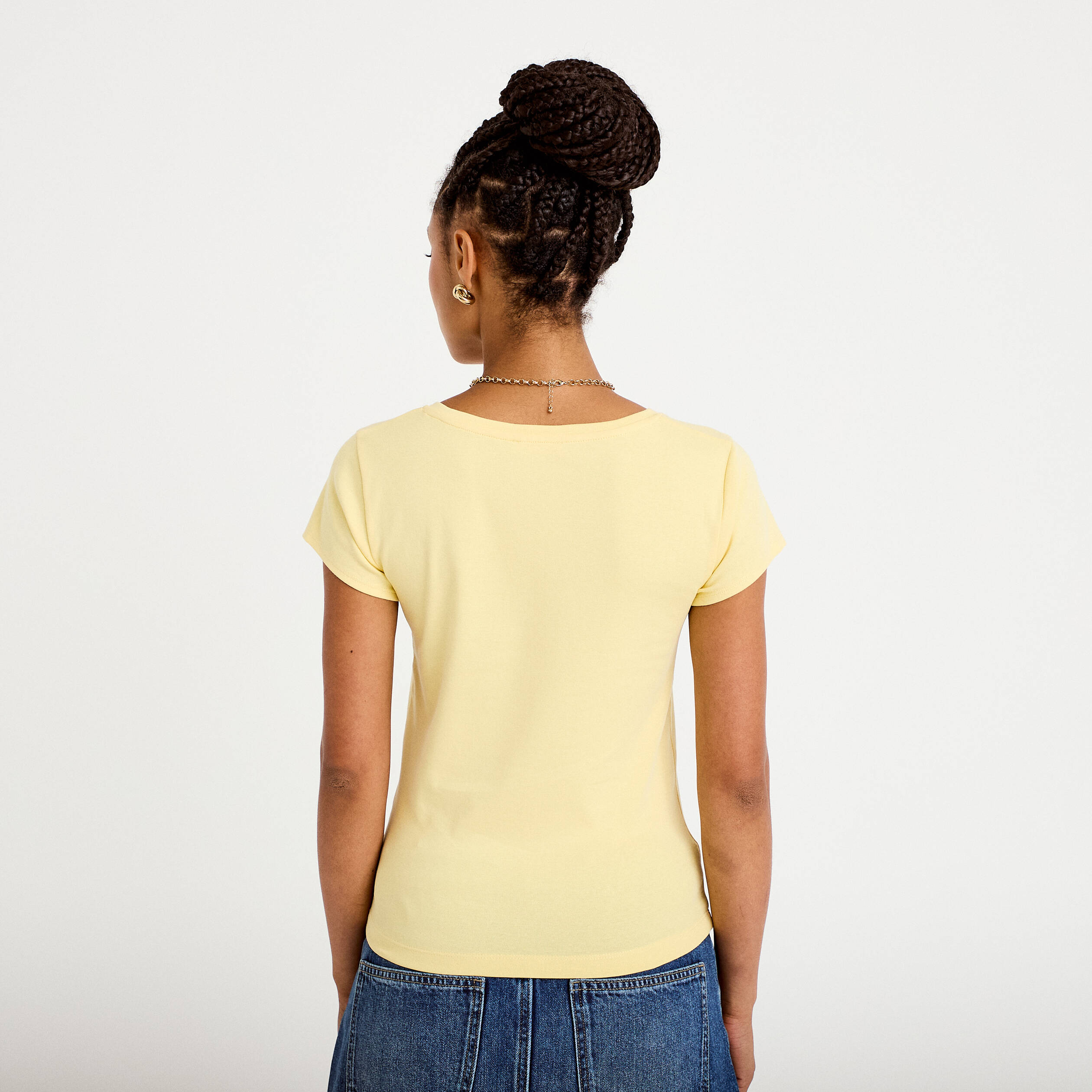 T-shirt ajust&eacute; col v manches courtes jaune clair femme