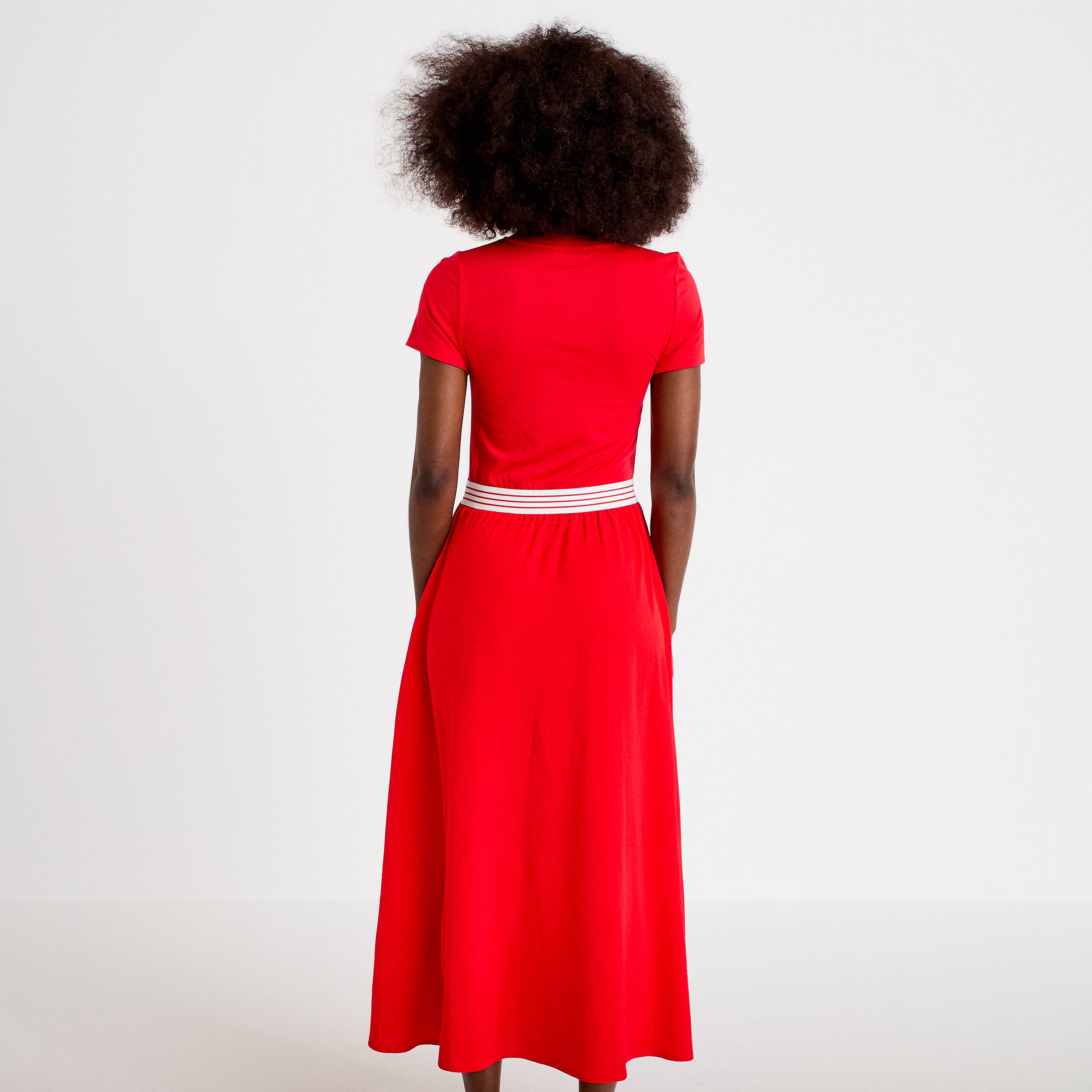 Robe longue &eacute;vas&eacute;e bi-mati&egrave;re rouge femme