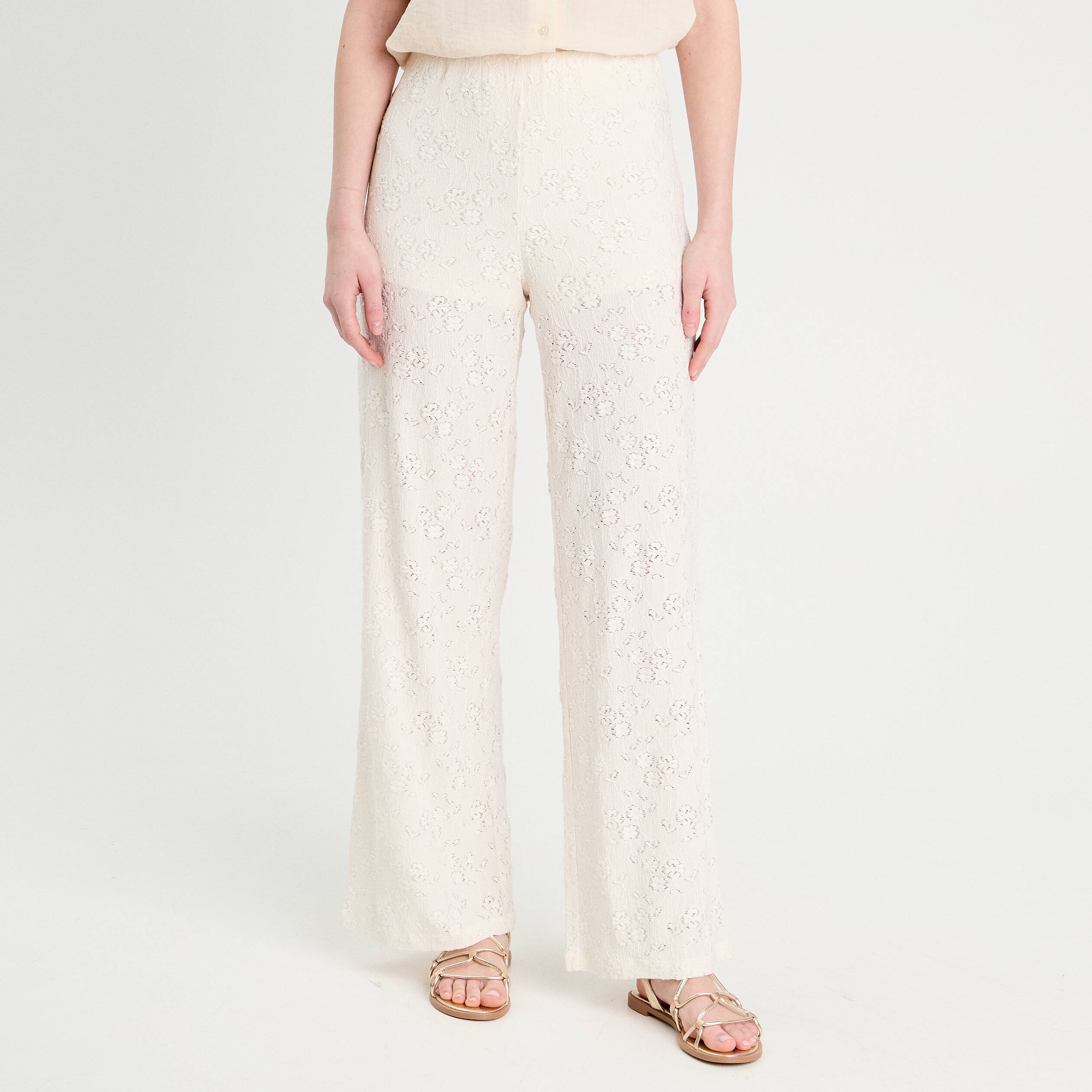 Pantalon large ajouré ecru femme