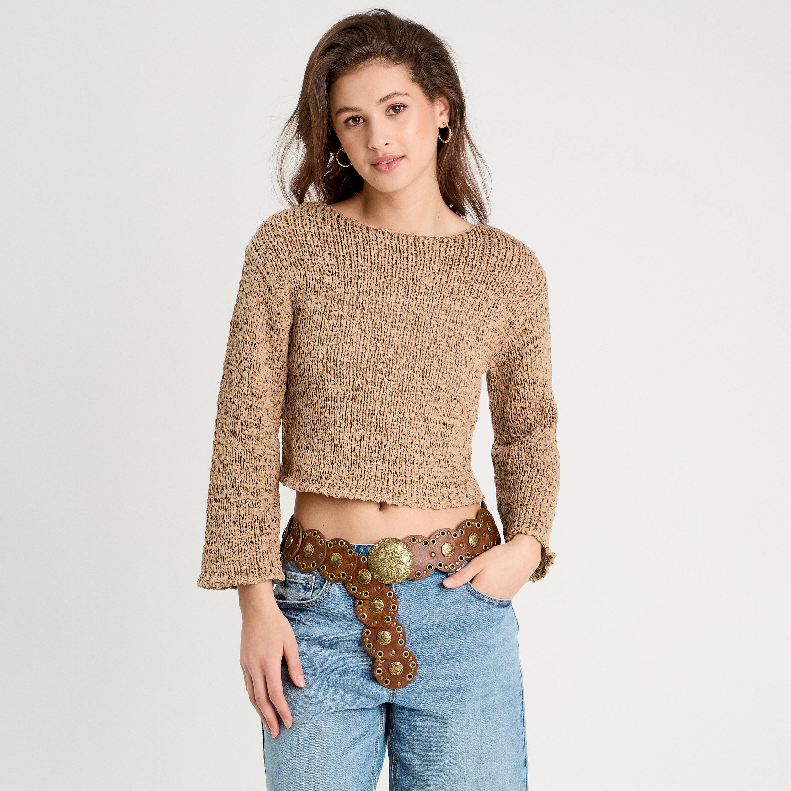 pull col bateau ajoure beige femme Pull col bateau ajouré beige femme