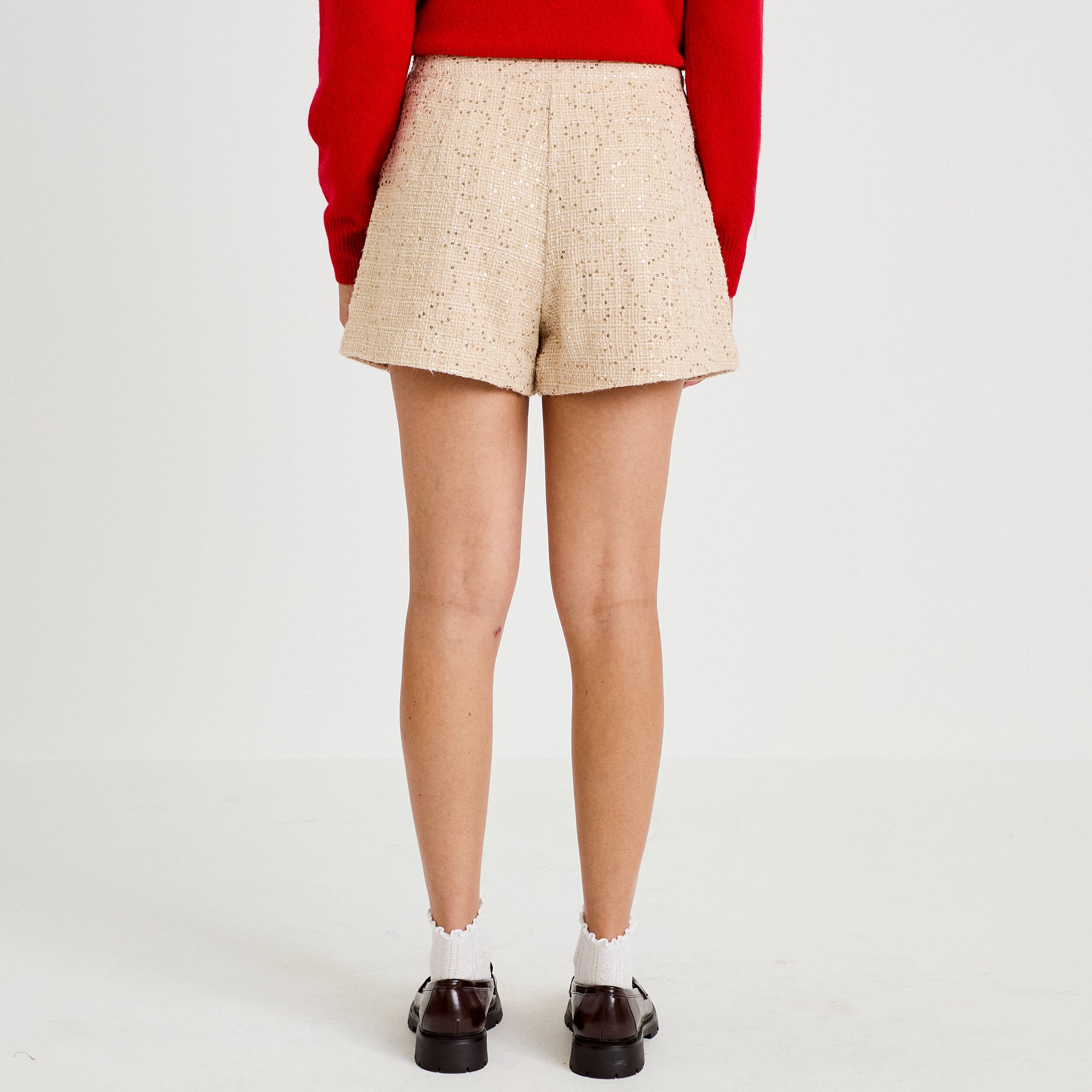 Short large taille haute en tweed ivoire femme