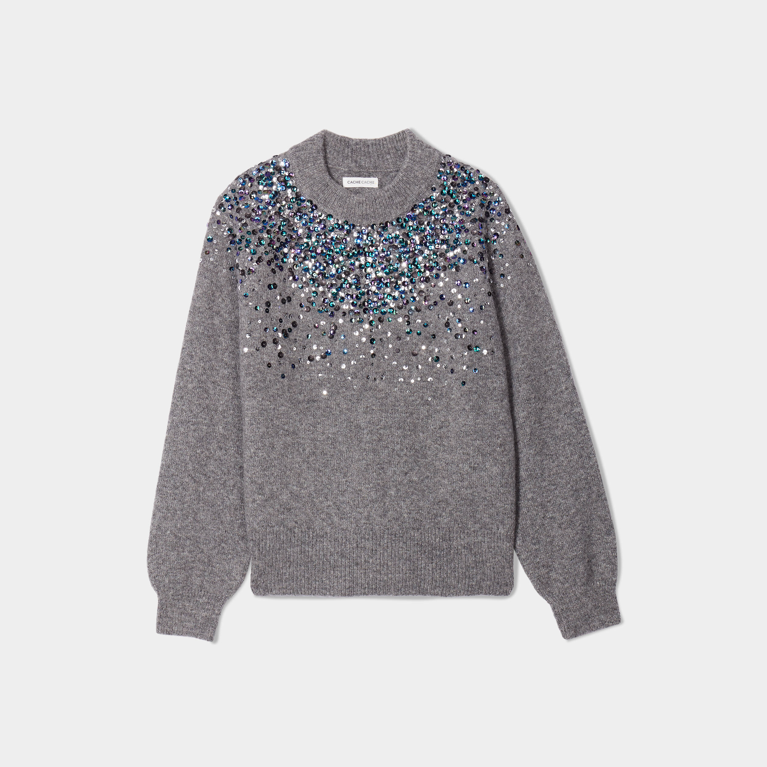 Pull sequins et strass gris foncé femme