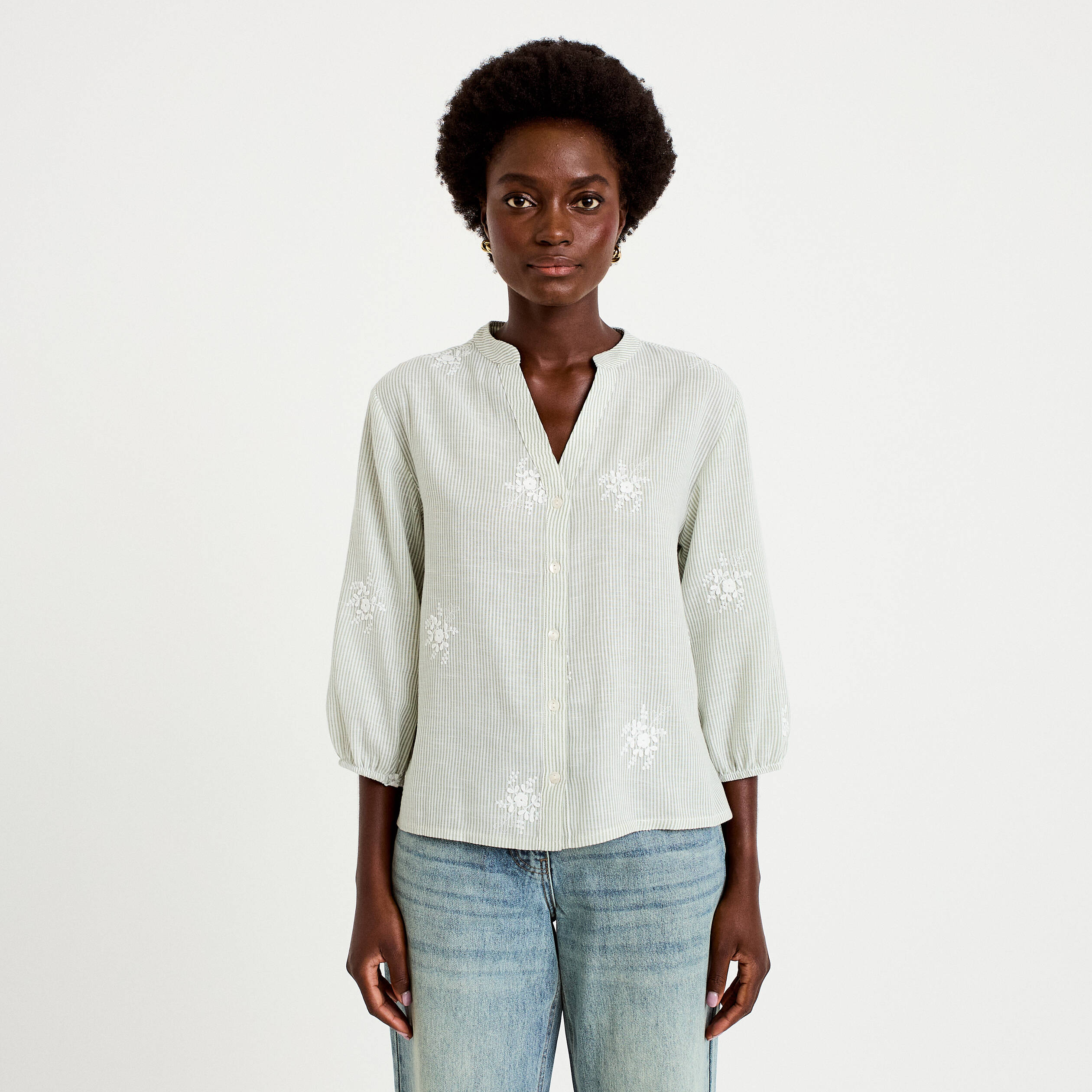 Blouse col tunisien vert kaki femme