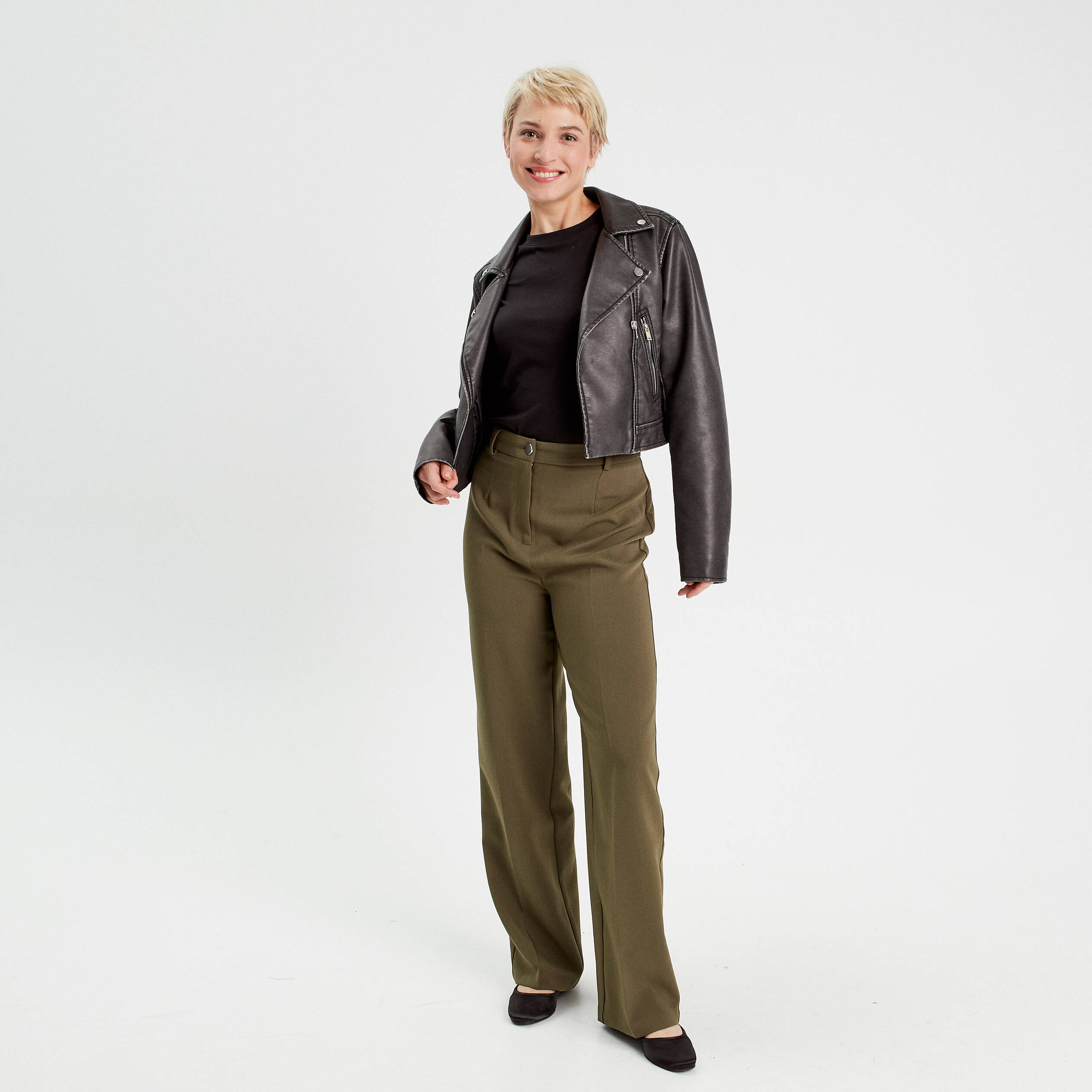 Pantalon city large vert kaki femme