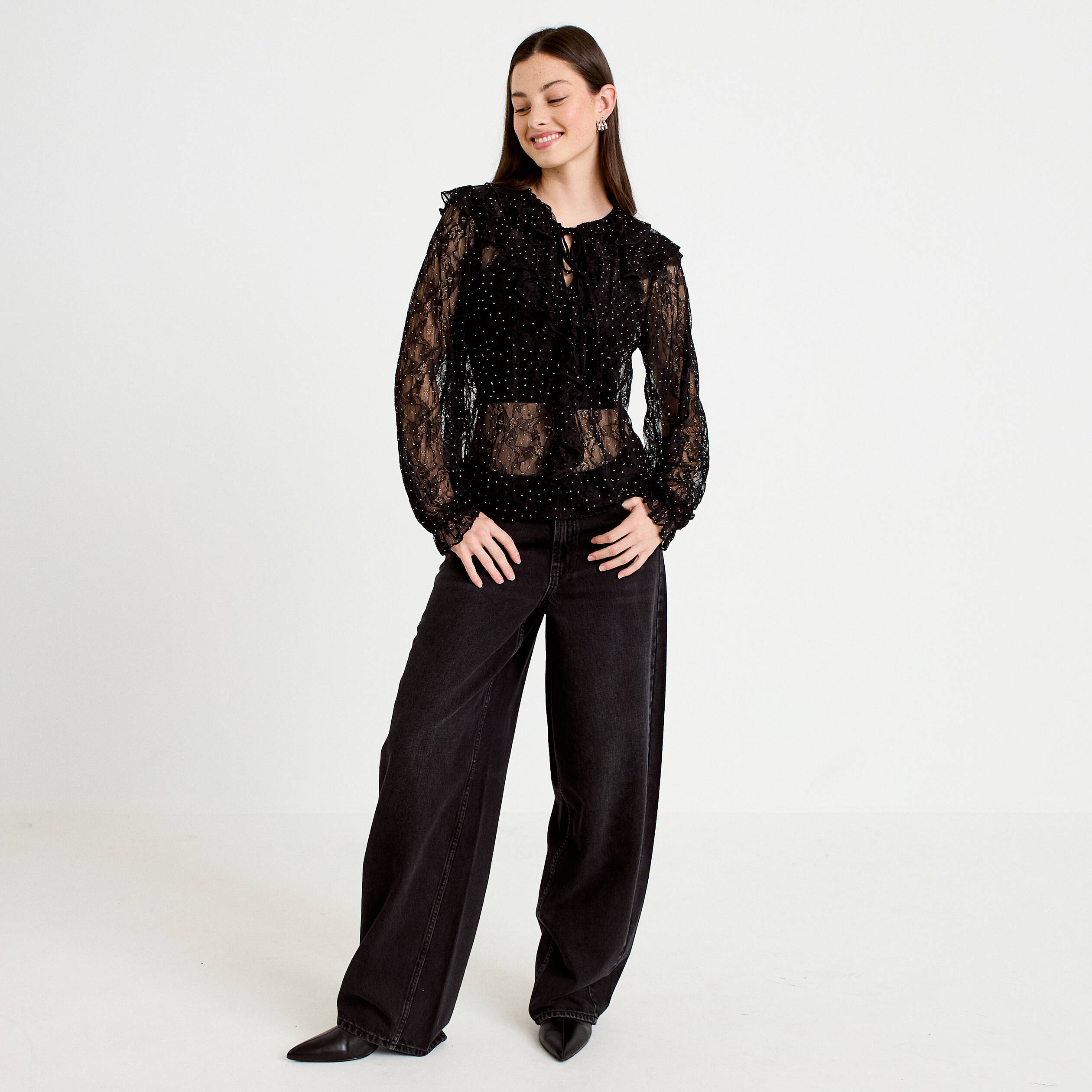 Blouse dentelle manches longues noir femme