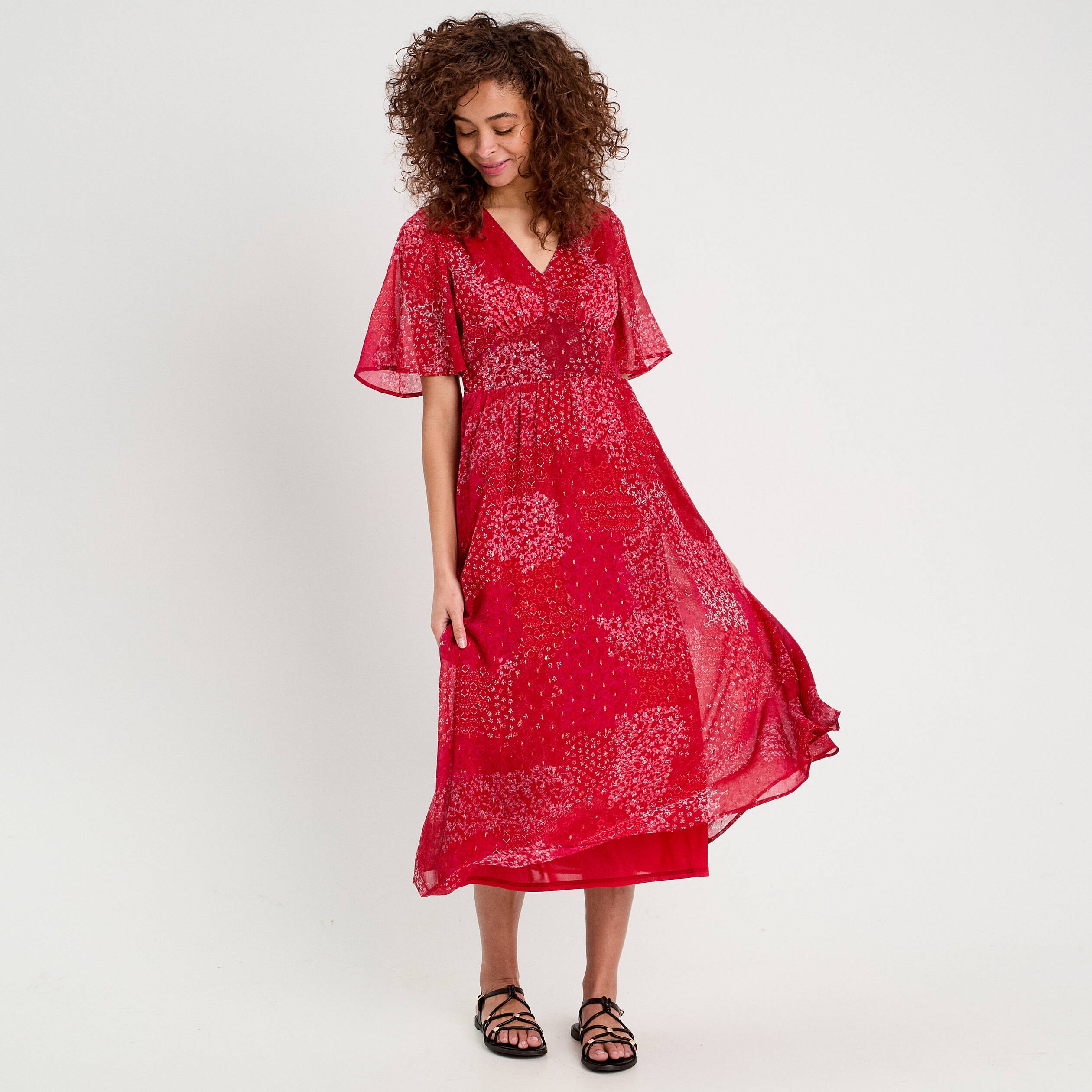 Robe longue &eacute;vas&eacute;e col en V rouge femme