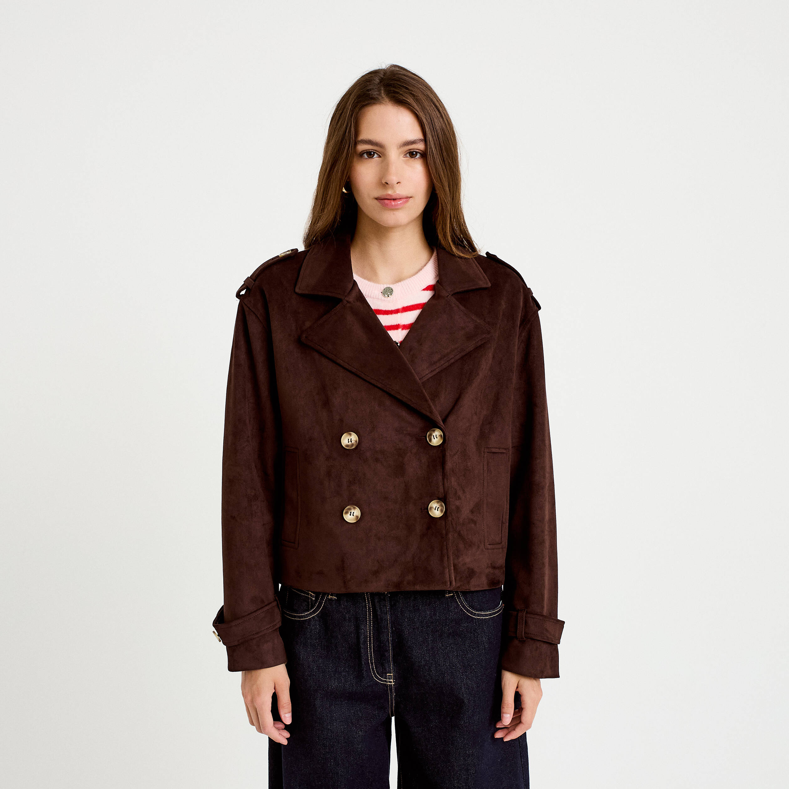 Trench droit manches longues aspect daim marron chocolat femme