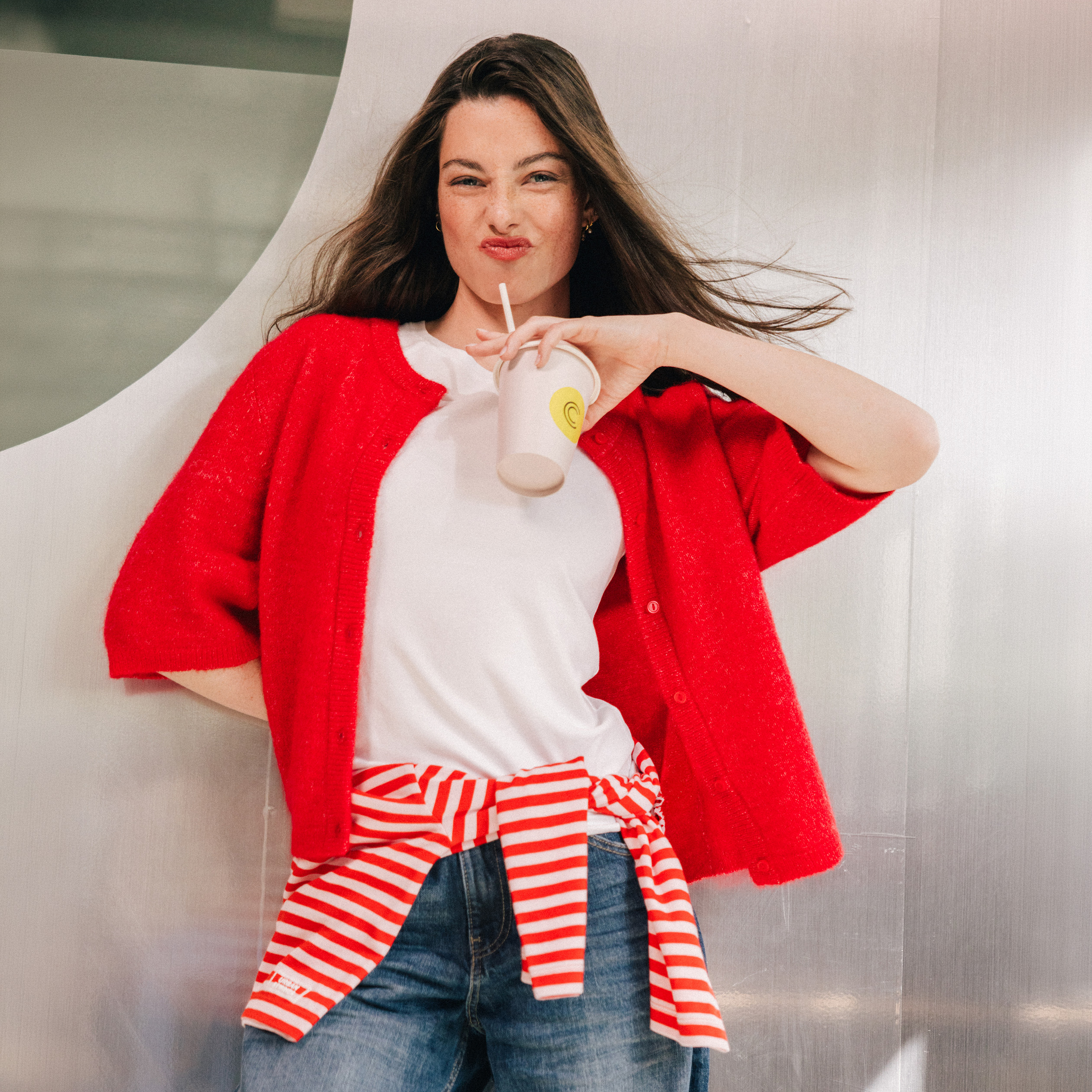 Gilet duveteux manches 3/4 rouge femme