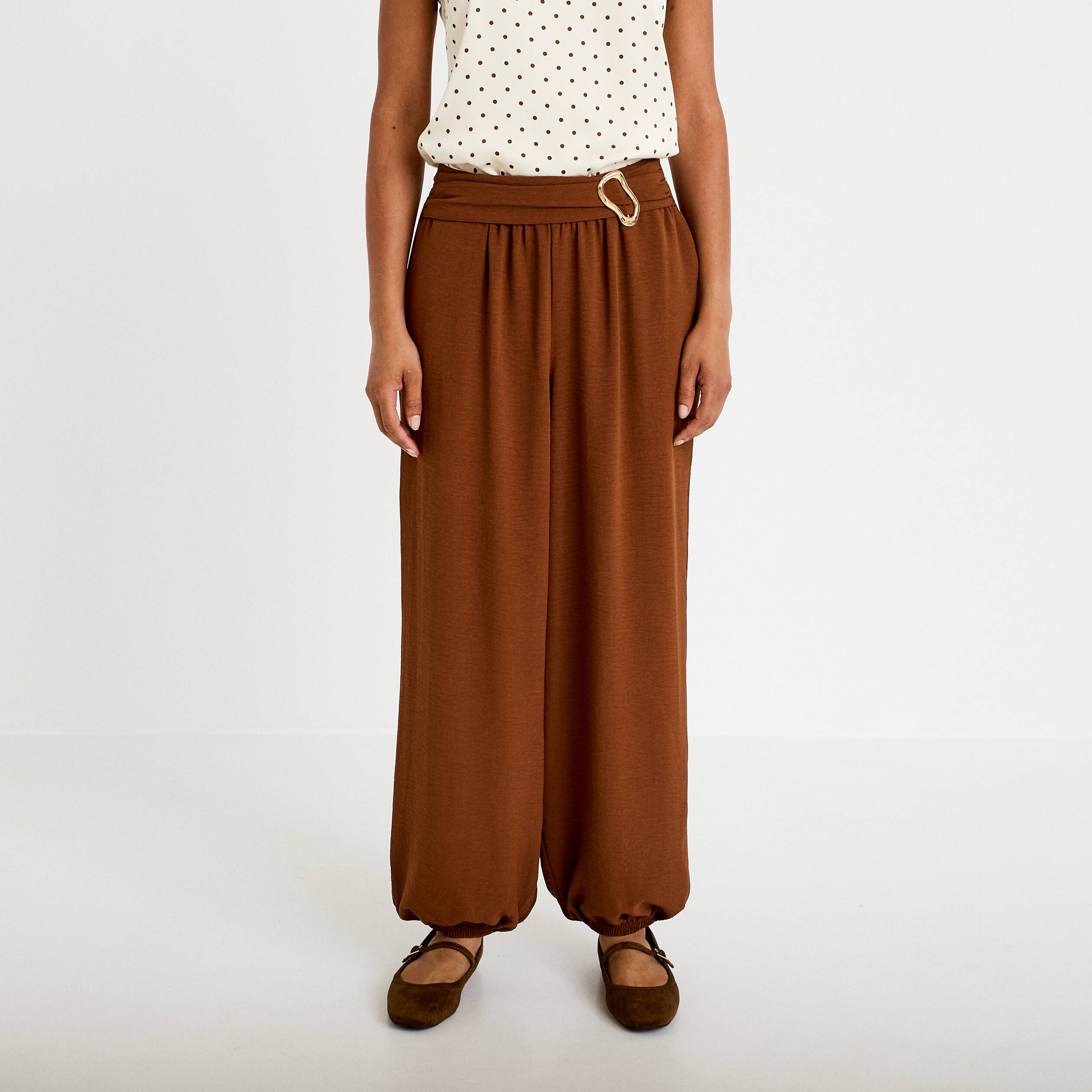 Pantalon bouffant taille standard marron femme