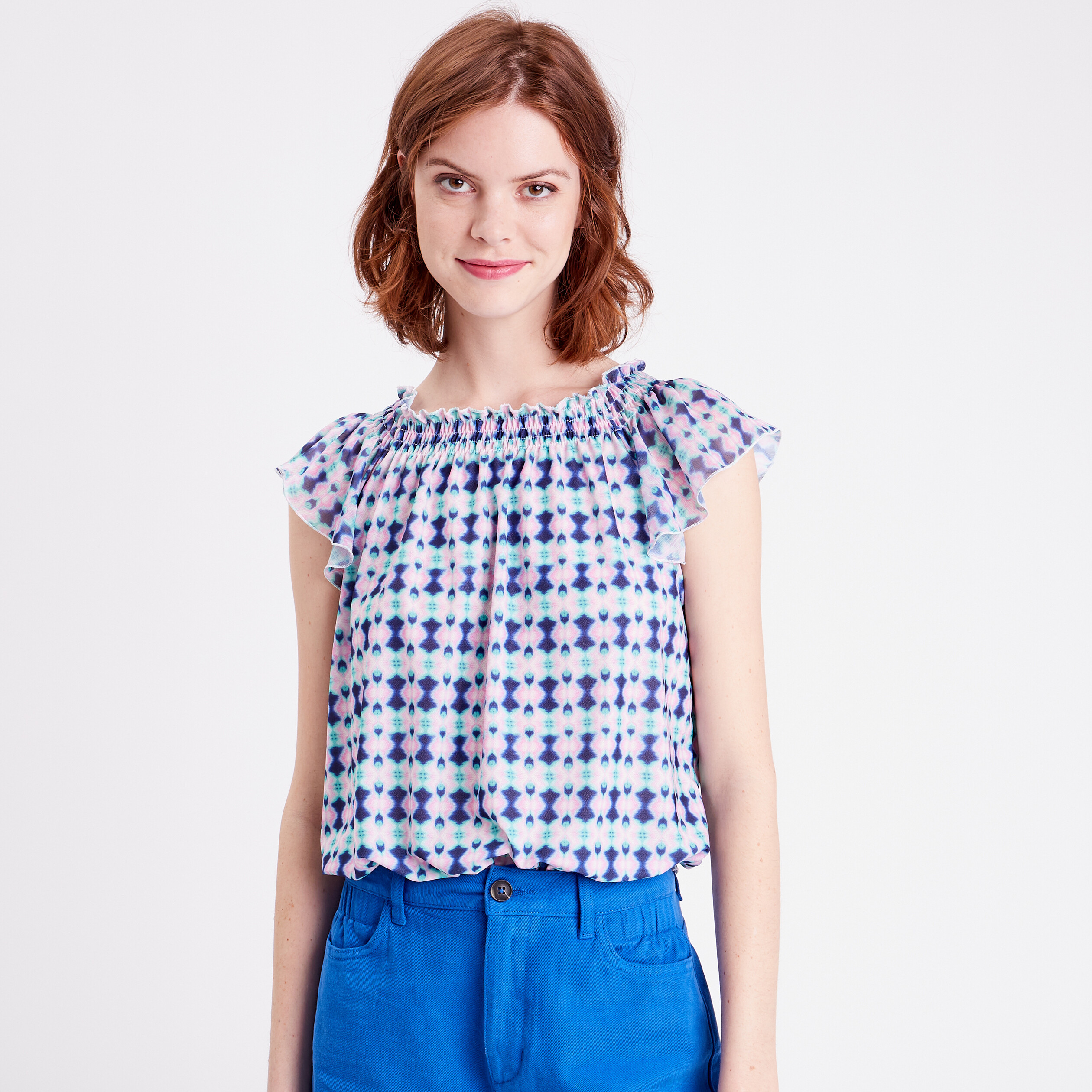 t shirt manches courtes smocke bleu fonce femme T-shirt manches courtes smocké bleu foncé femme