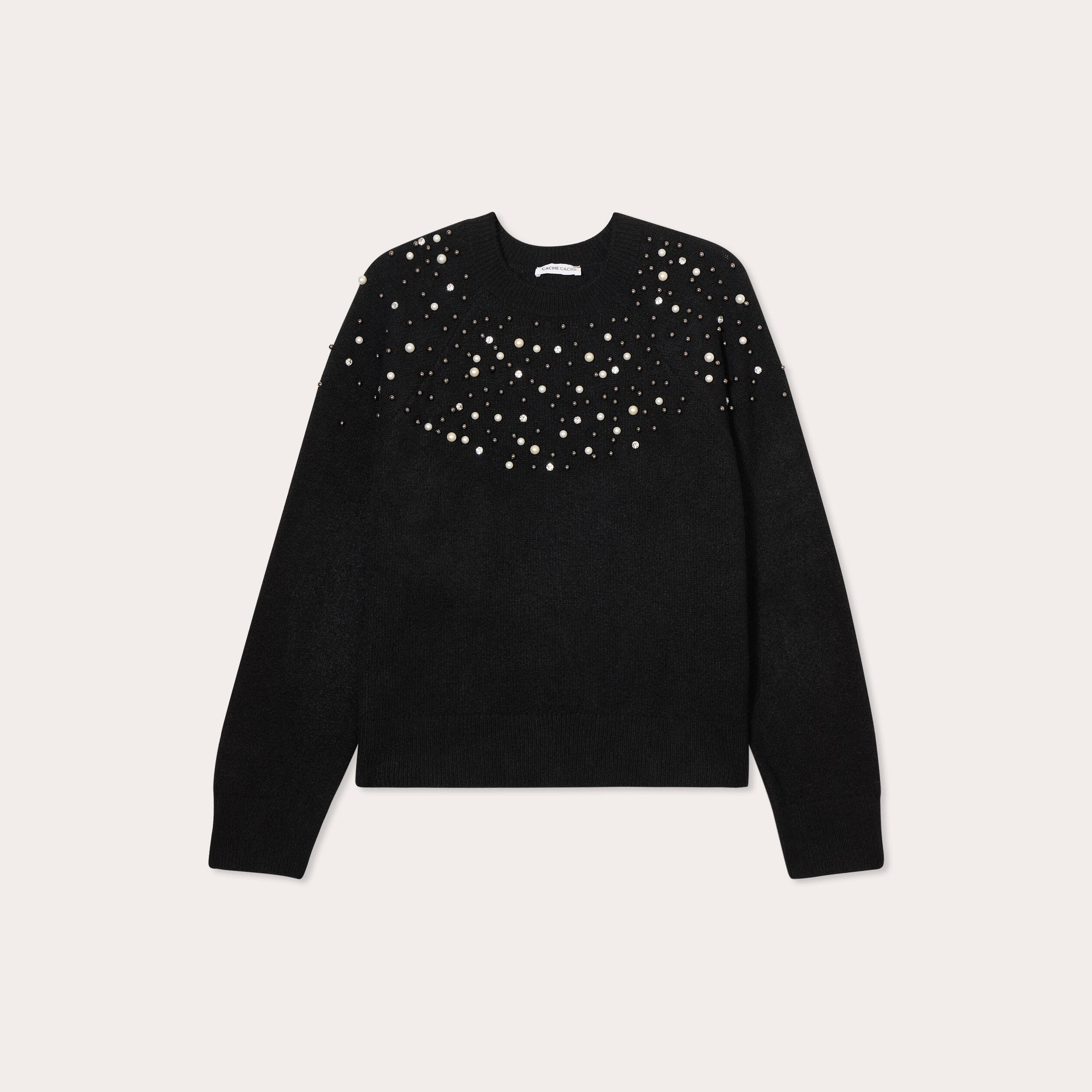Pull perles et détails bijoux noir femme