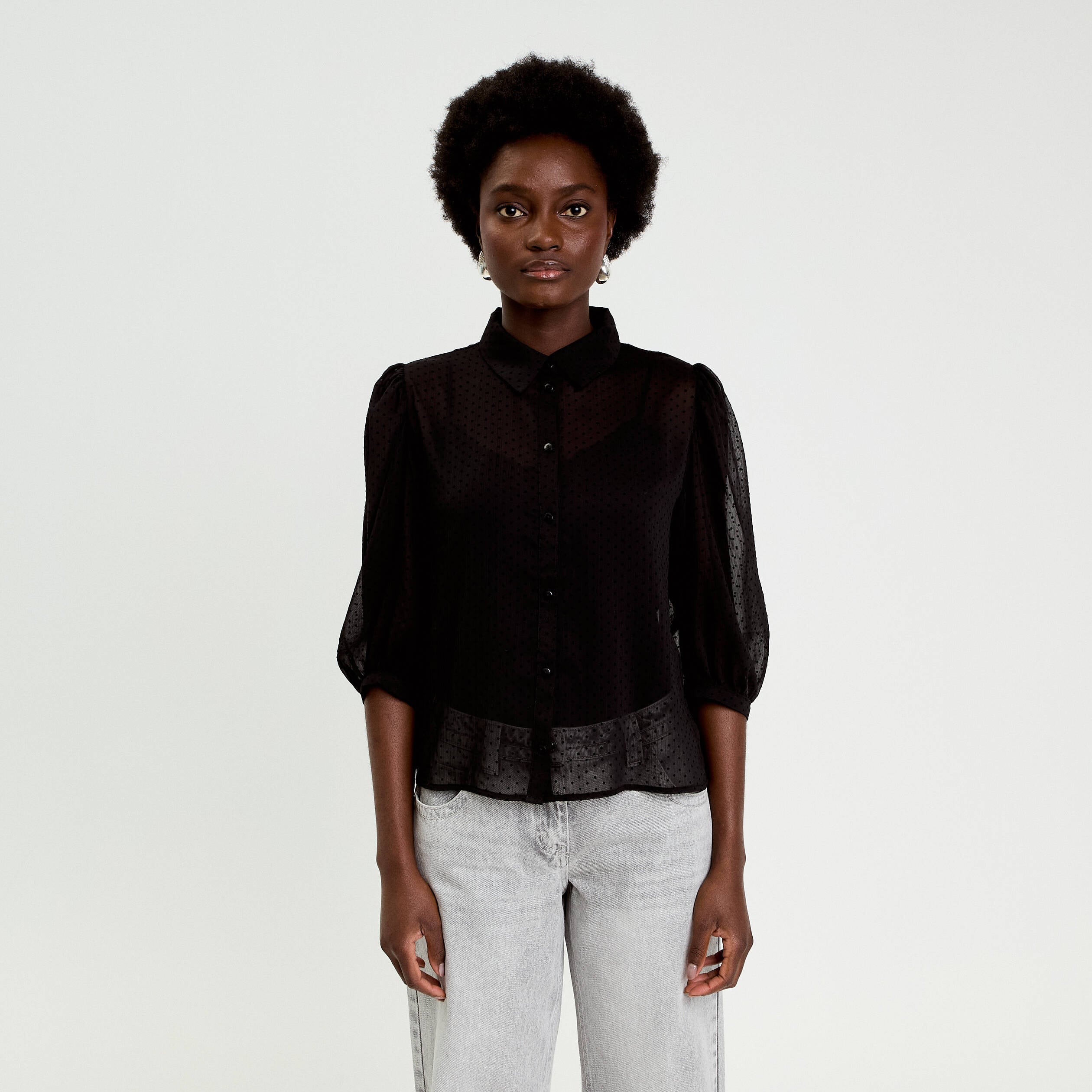 Chemise droite courte voile manches 3/4 noir femme