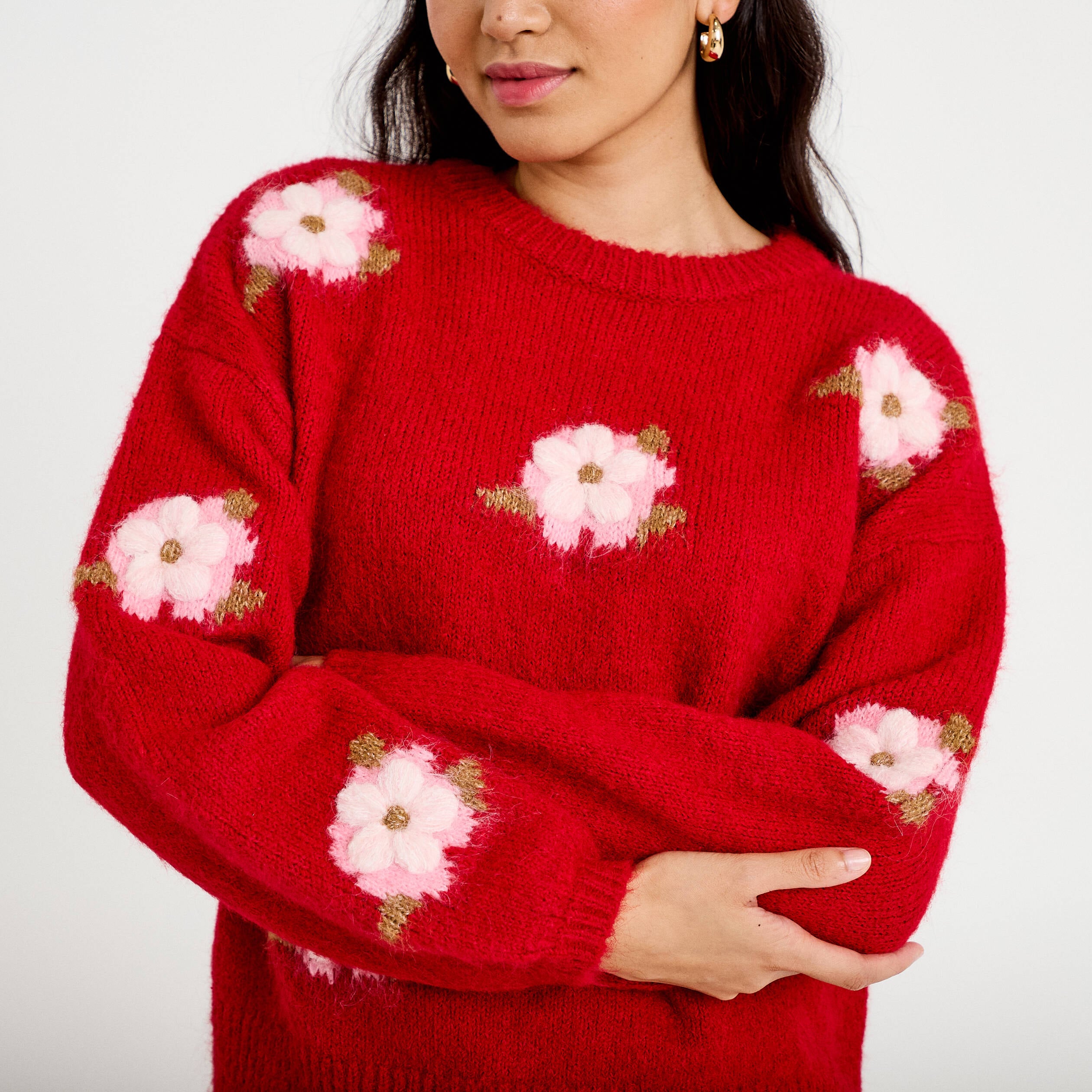 Pull ample col rond manches longues rouge femme