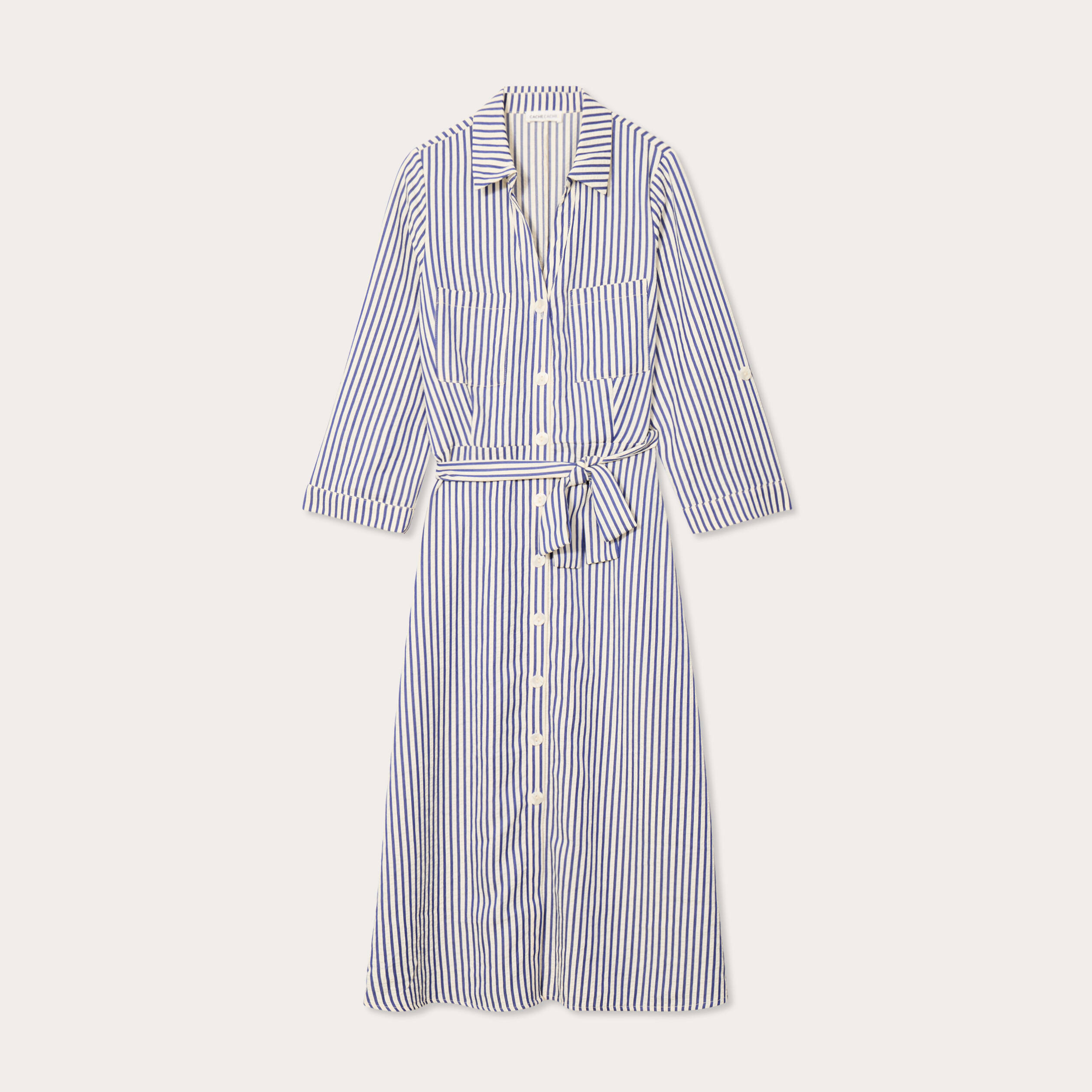 Robe longue chemise ceintur&eacute;e bleu marine femme