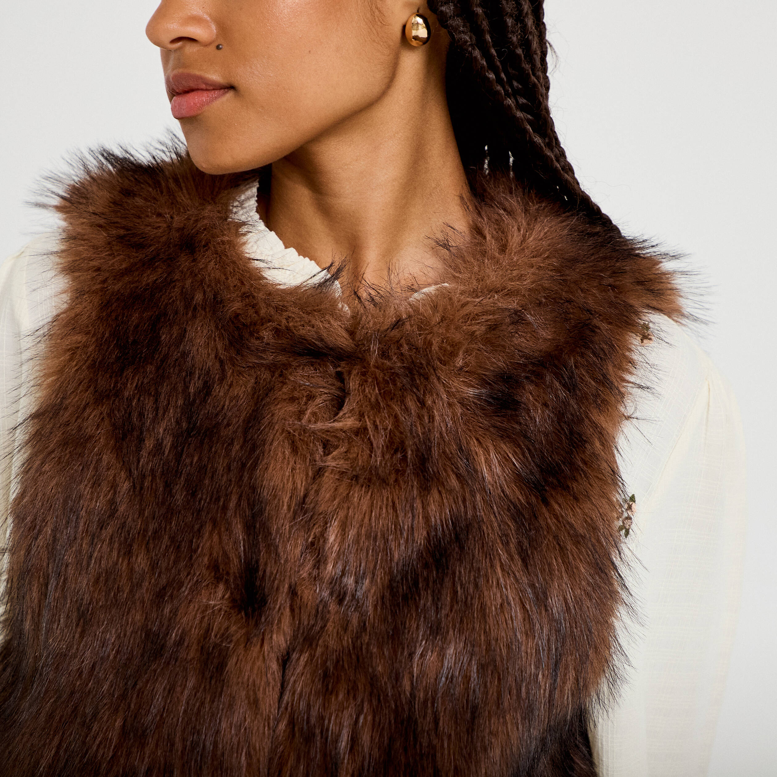 Gilet sans manches fausse fourrure marron femme