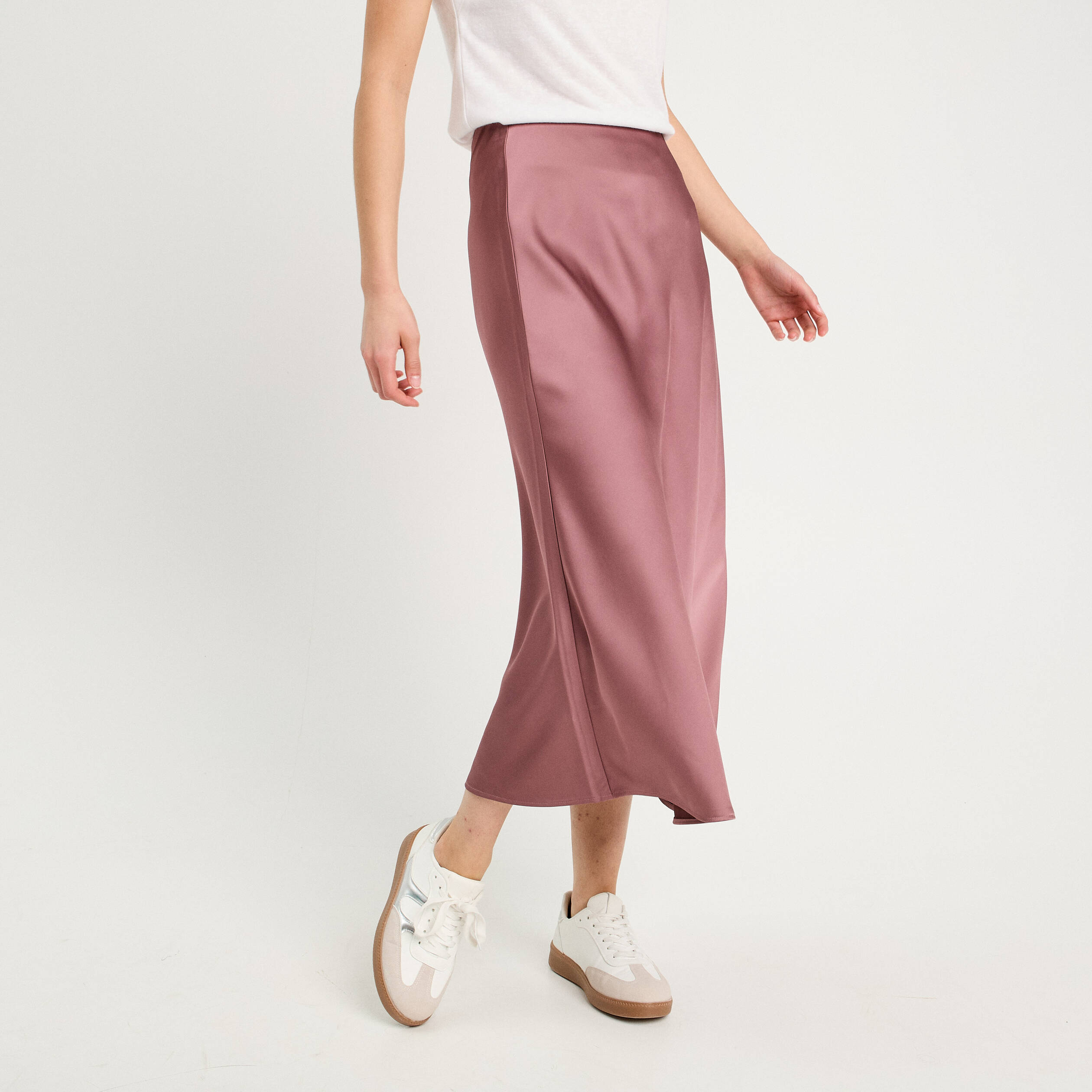 Jupe longue trapèze satin vieux rose femme