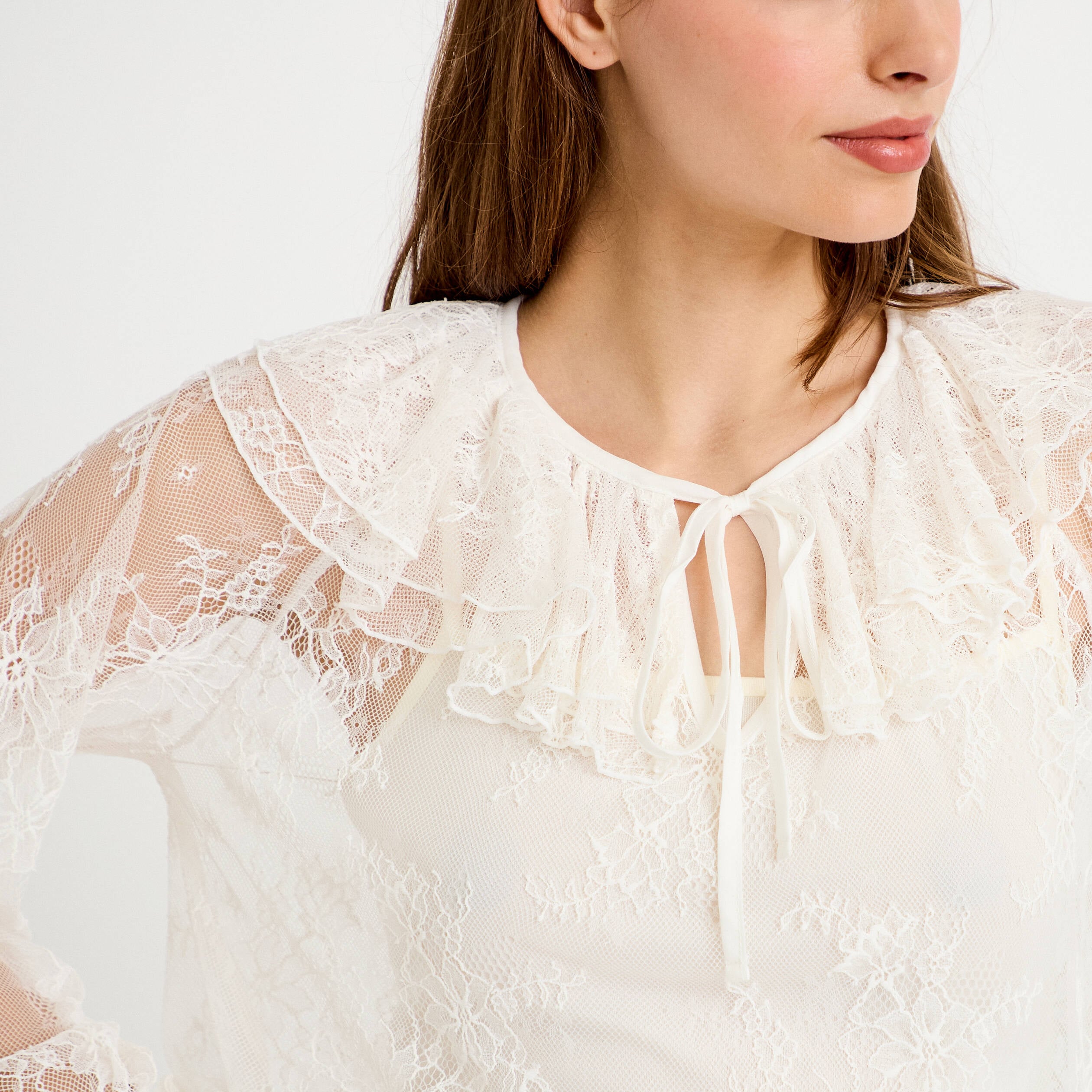 Blouse manches longues en dentelle ecru femme