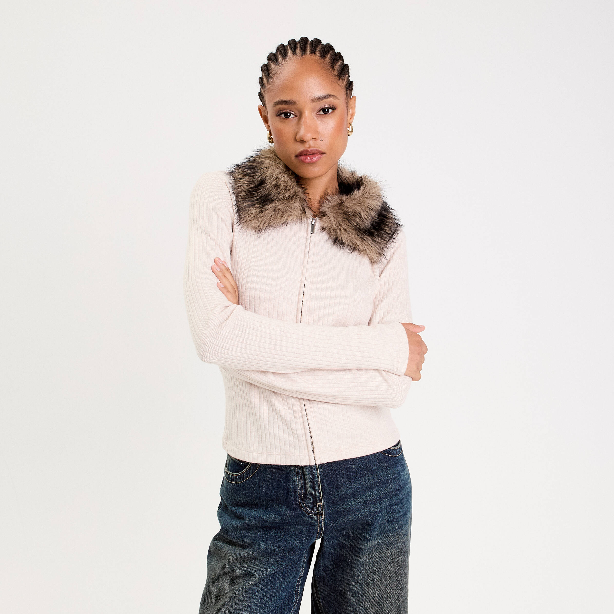 Gilet col fausse fourrure sable femme