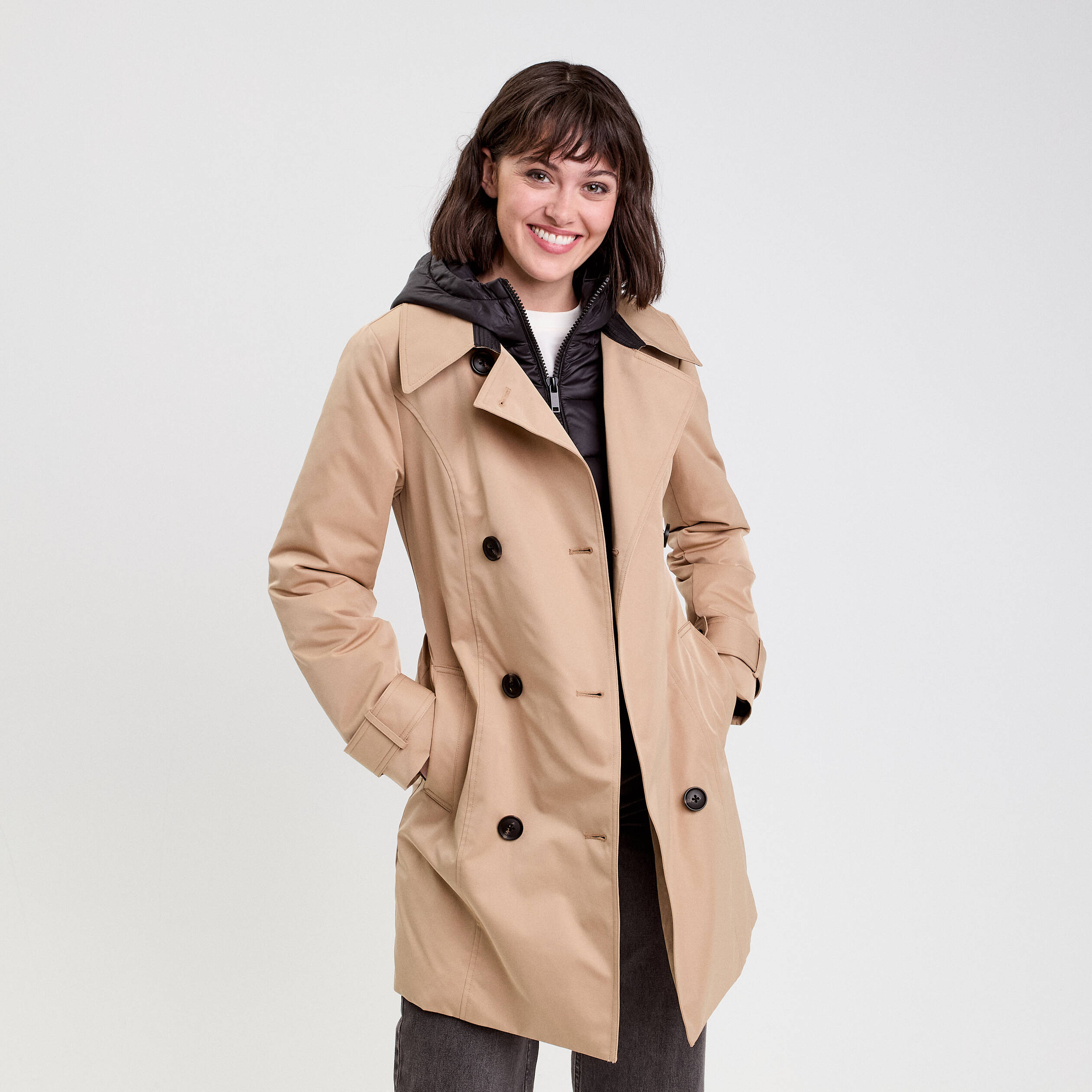 Trench ceintur&eacute; avec capuche camel femme