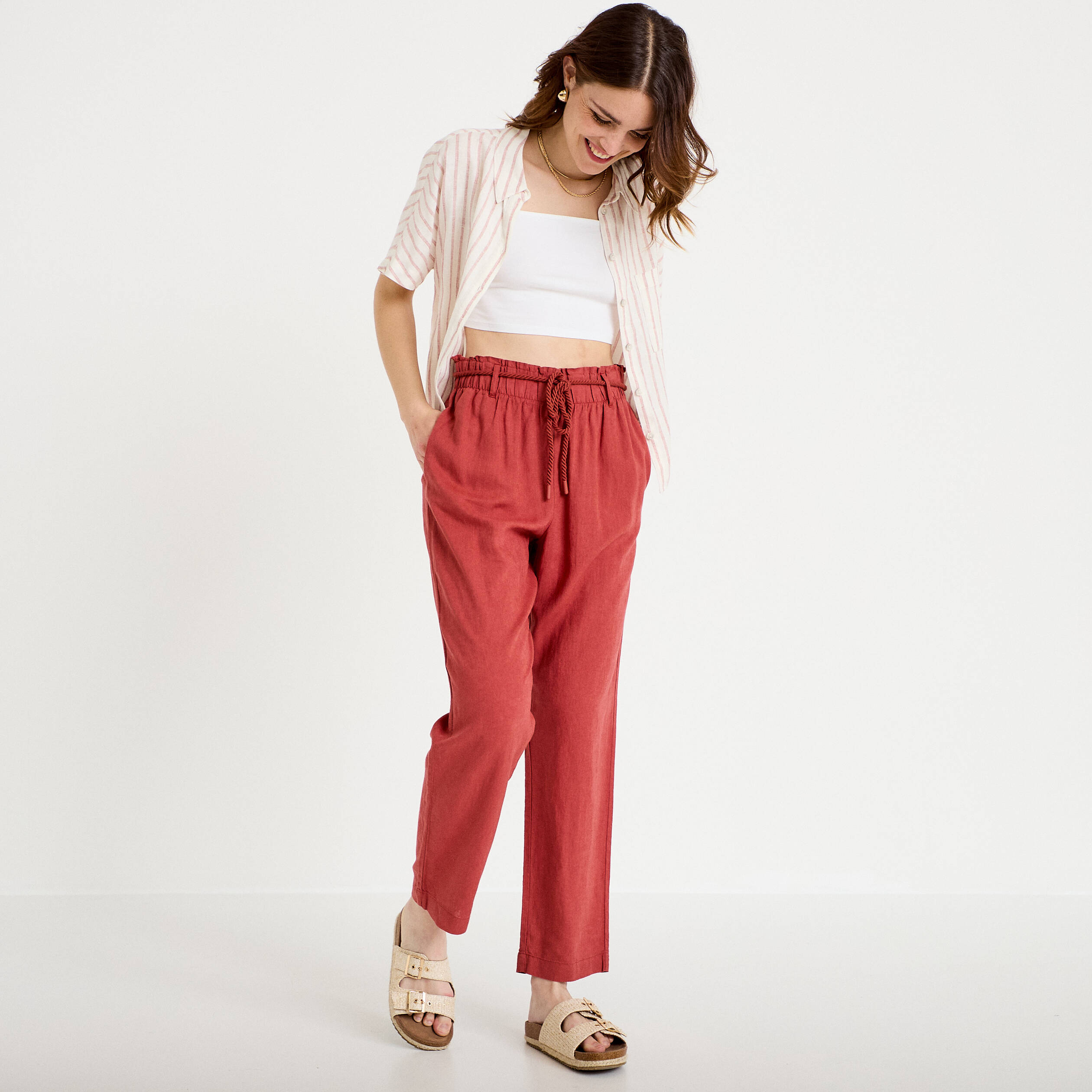 Pantalon droit 7/8&egrave;me taille haute vieux rose femme
