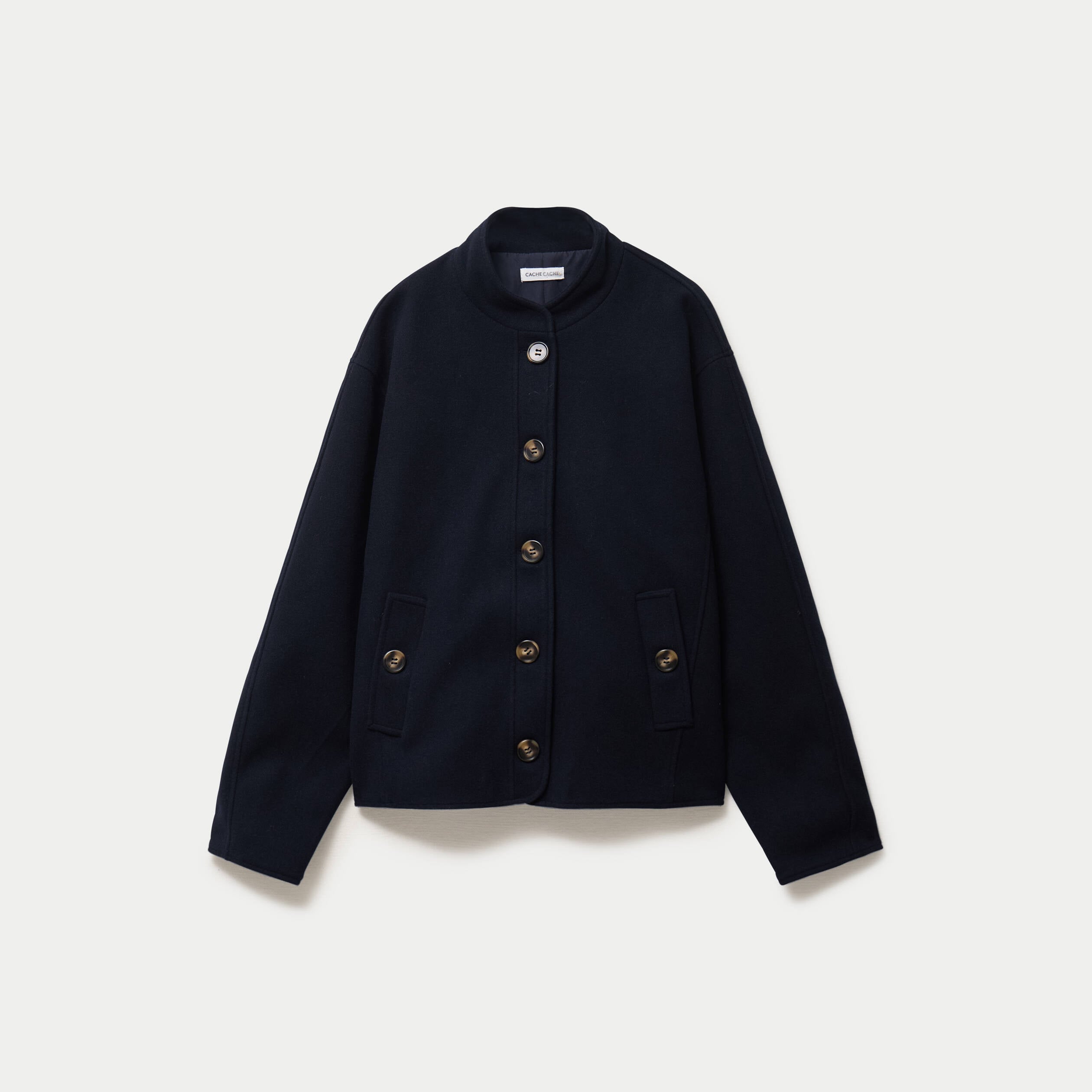 Veste droite col mao manches longues bleu marine femme