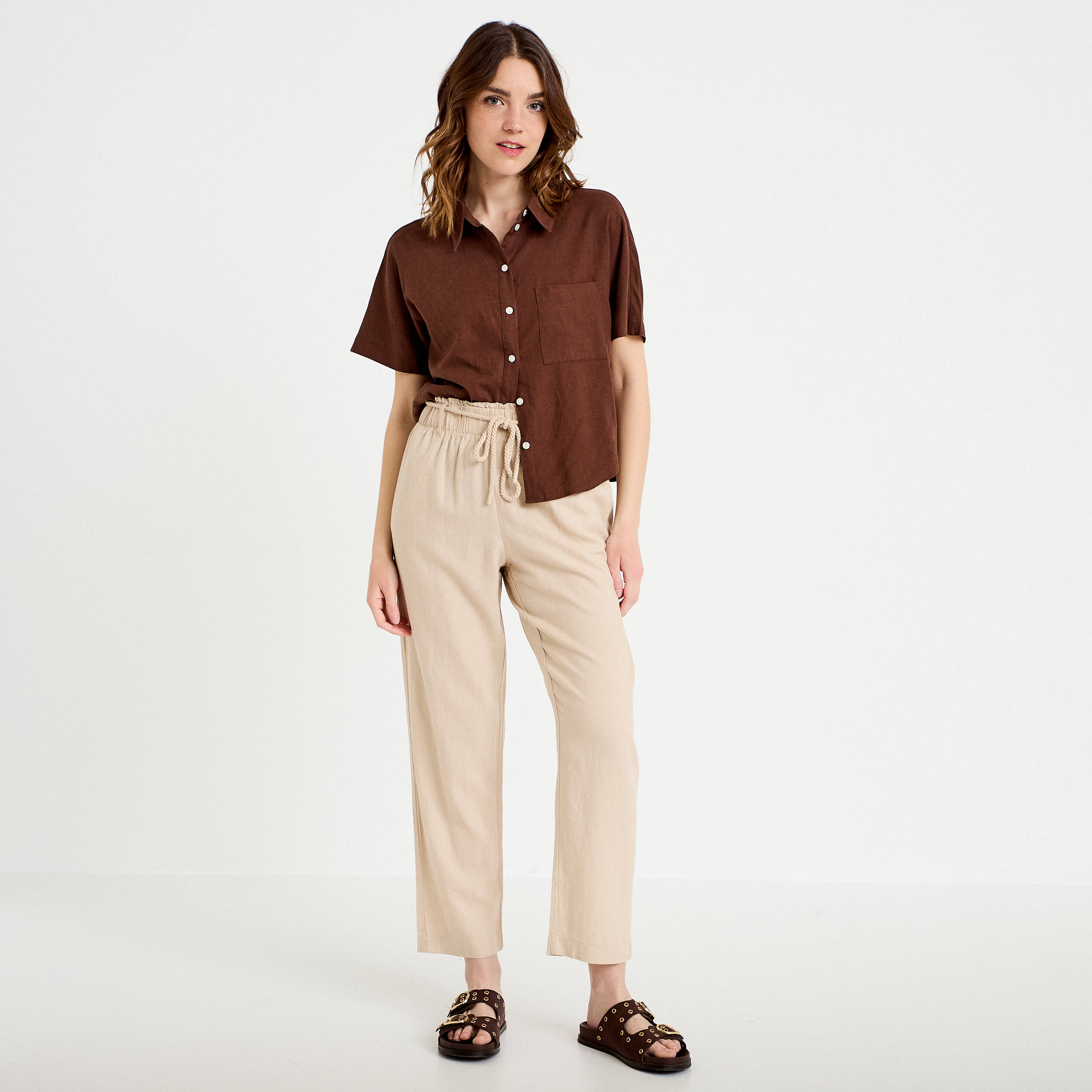 Pantalon droit 7/8&egrave;me taille haute sable femme