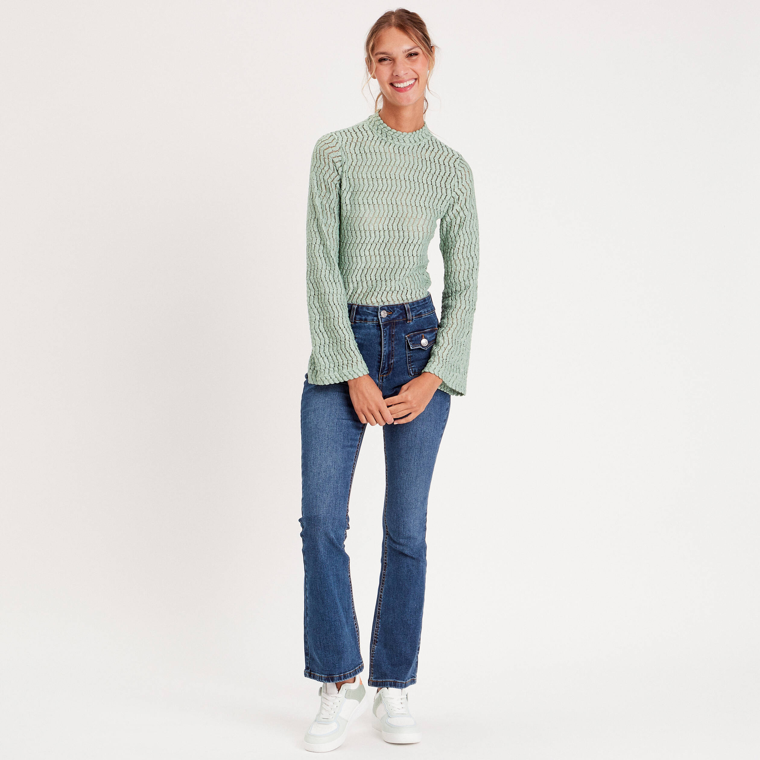 Denim Tee Shirt Pastel Femme T-shirt Ajouré Col Montant Vert
