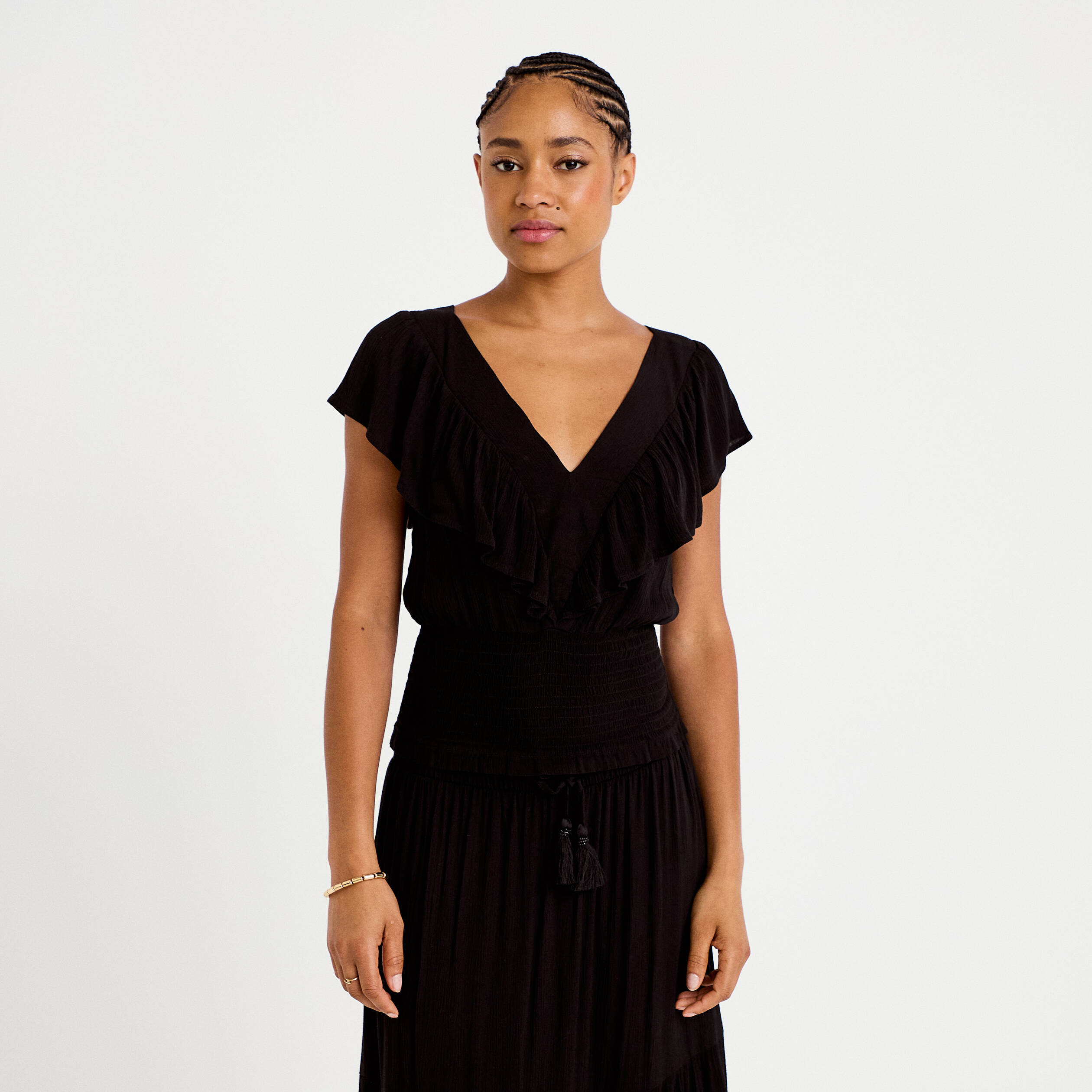 Blouse cintr&eacute;e cropped sans manches noir femme