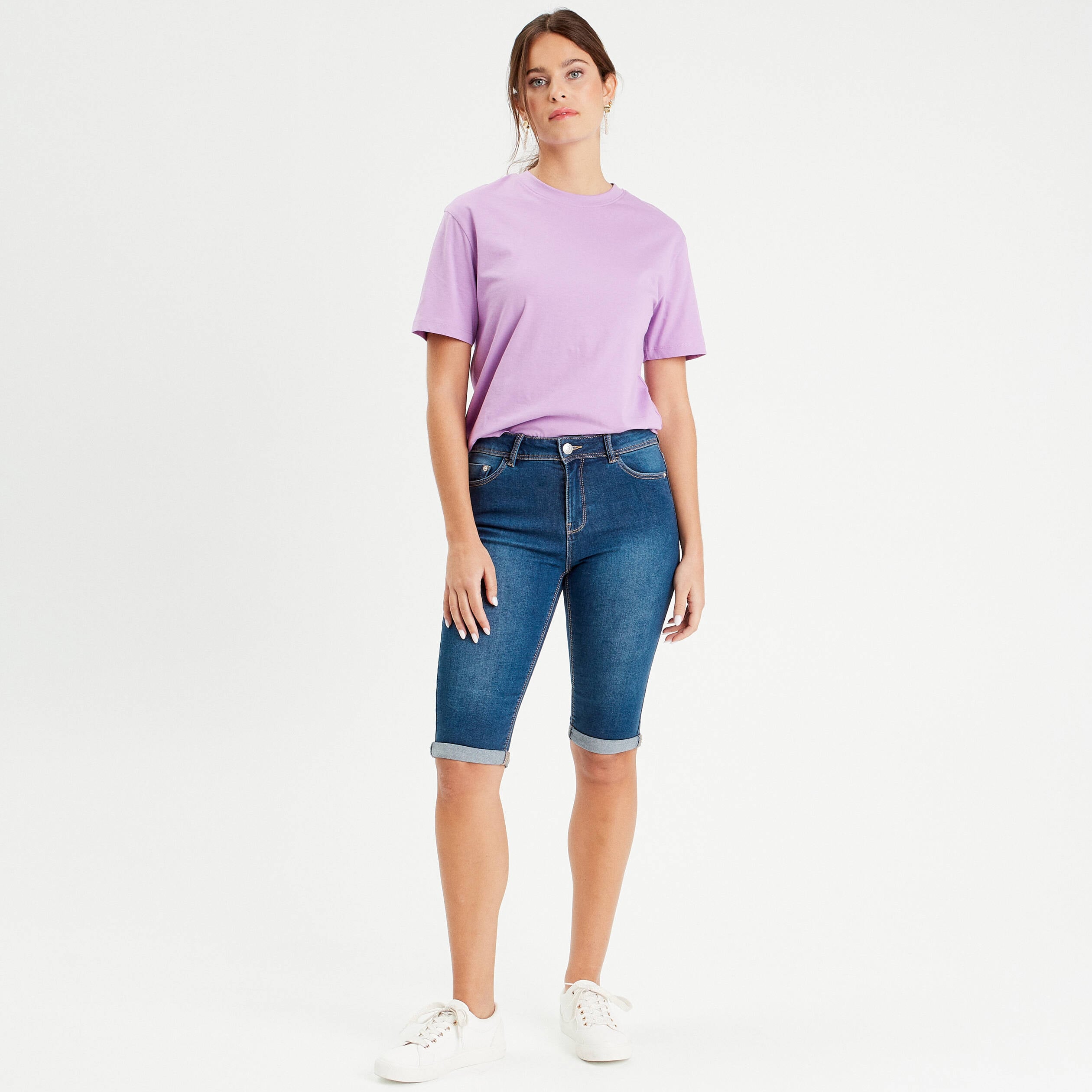 Bermuda slim en jean denim stone femme