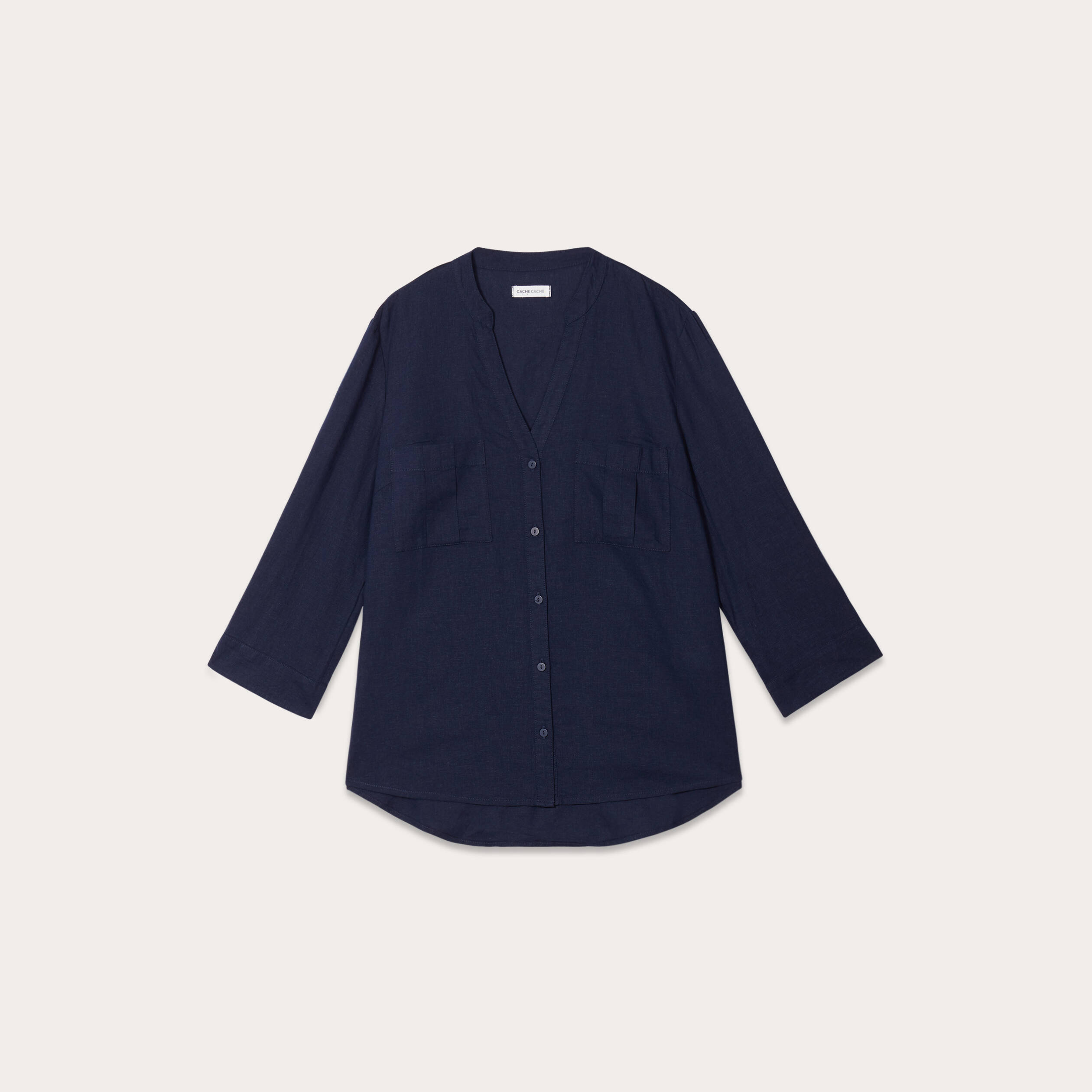 Lin Chemise Bleu Marine Manche Courte Chemise Manches 3/4