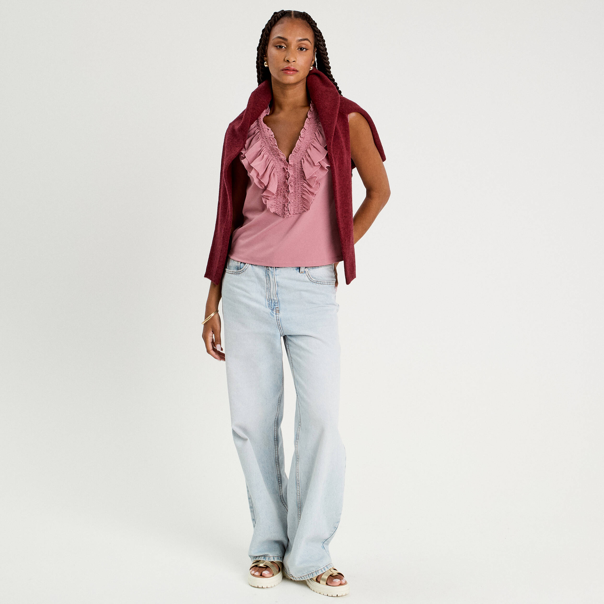 debardeur sans manches volants vieux rose femme Débardeur sans manches volants vieux rose femme