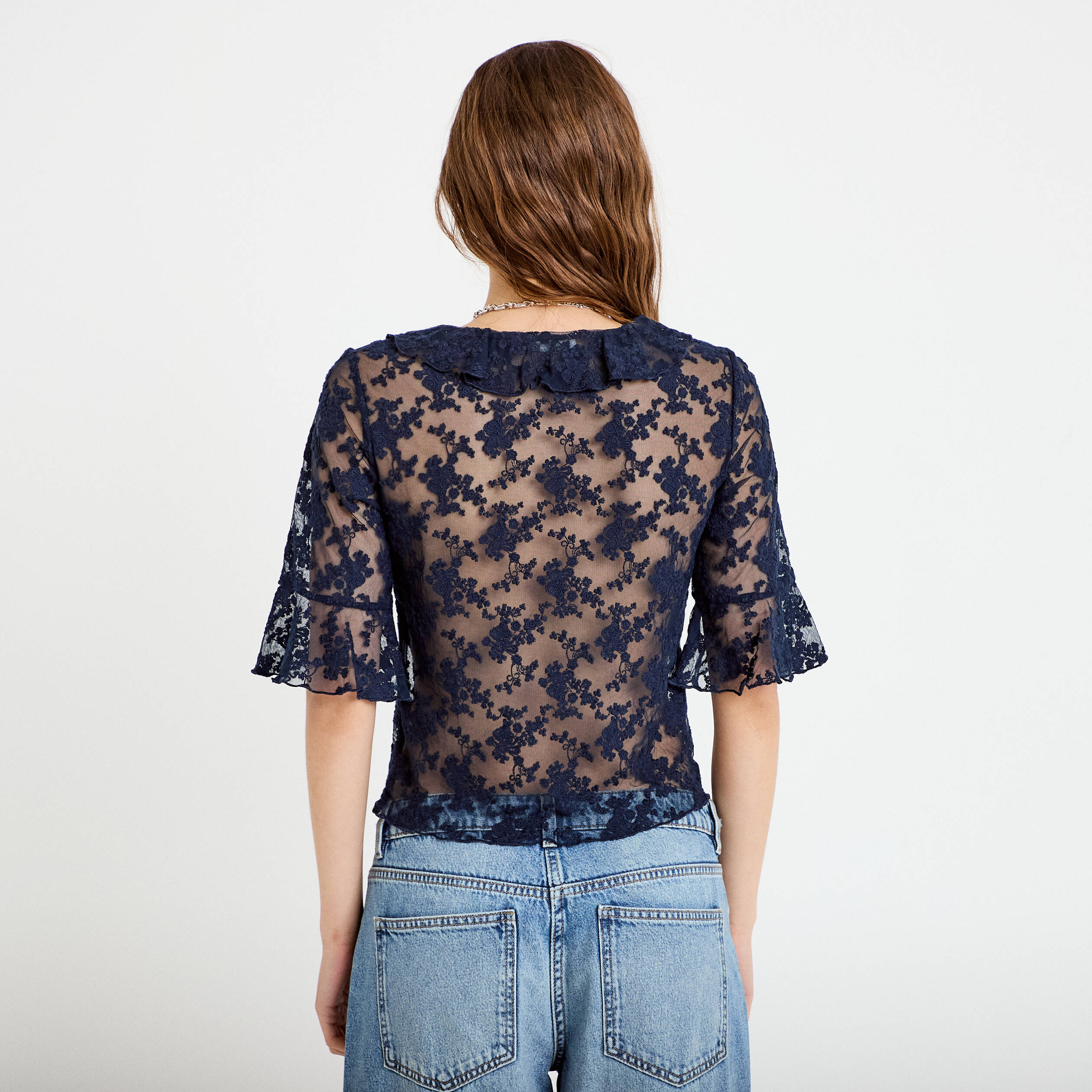Blouse dentelle &agrave; volants bleu marine femme