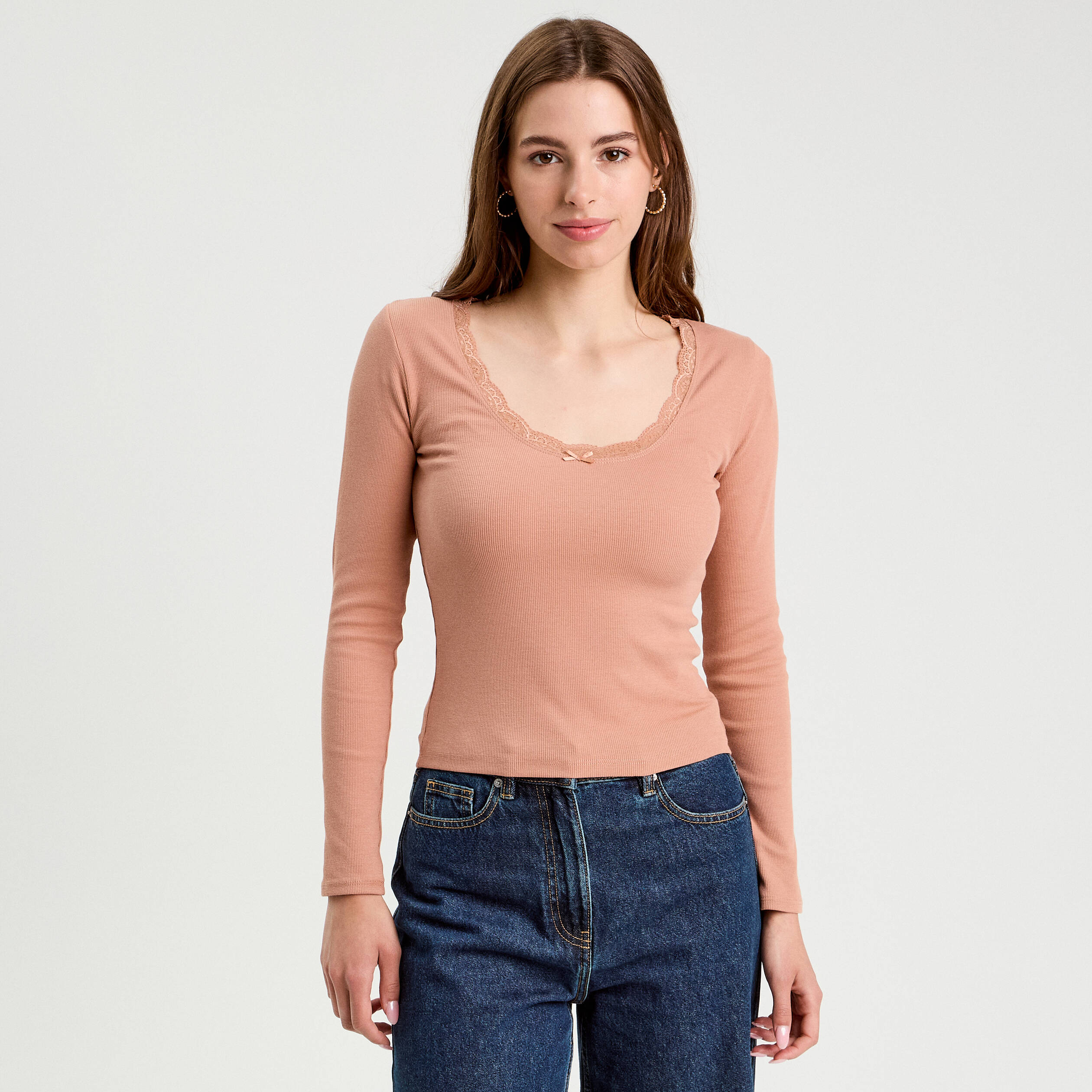 t shirt manches longues cotele vieux rose femme T-shirt manches longues côtelé vieux rose femme