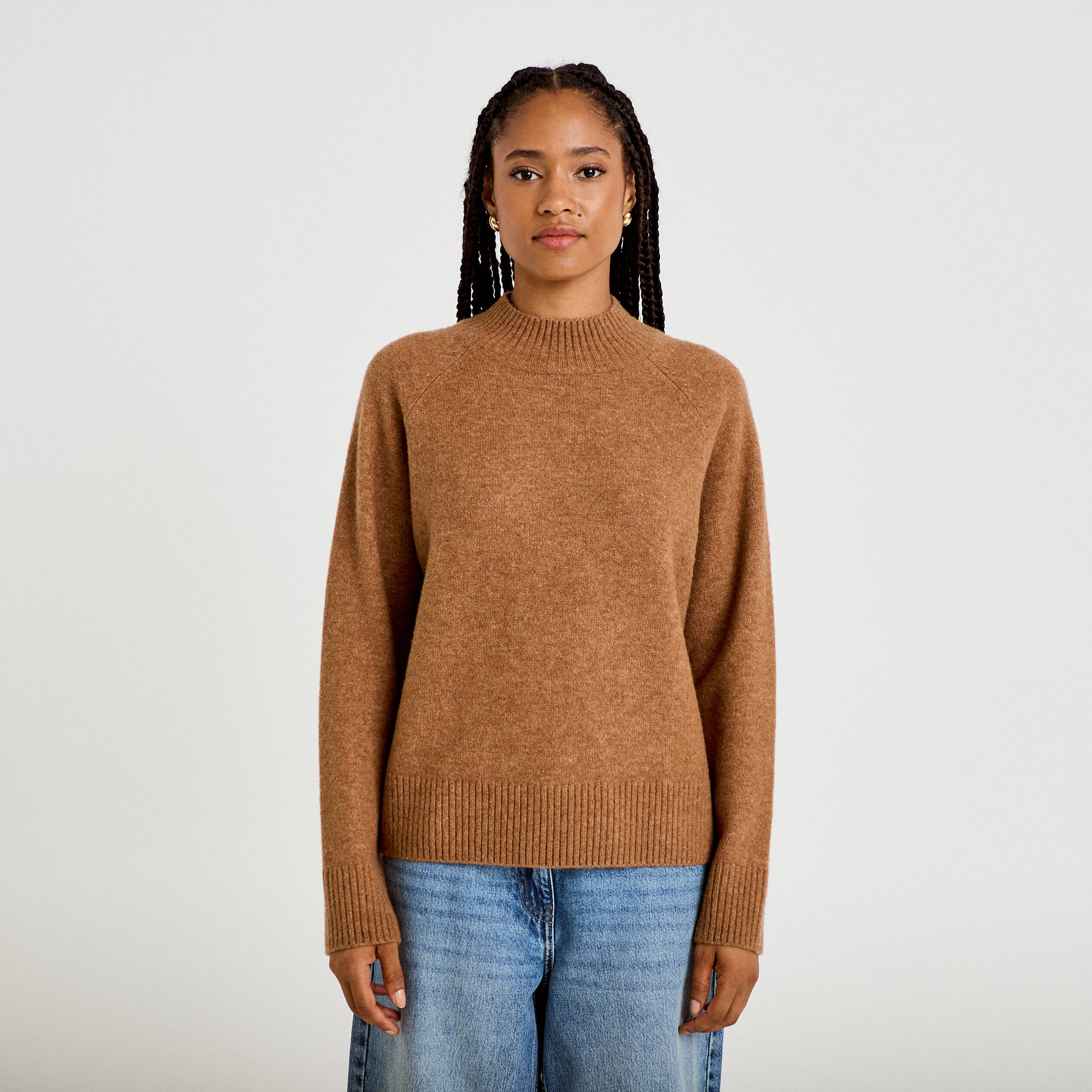 Pull col montant manches longues camel femme